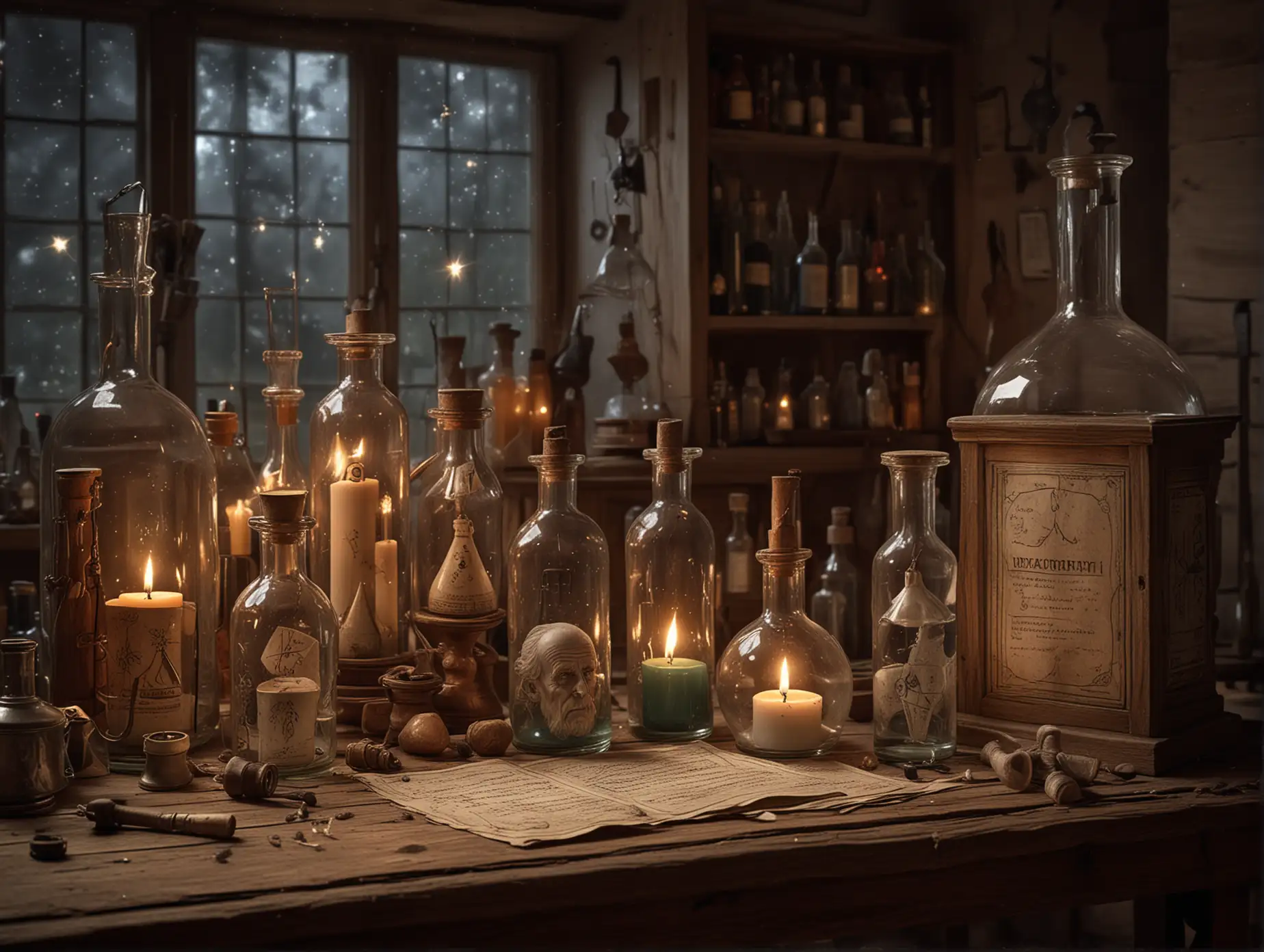 an alchemical laboratory with candlelight and two glassy bottles (random labels with astrological signs), a sleeping old man on a wooden chair, indoor lightning, ultra detailed, (style:photo)