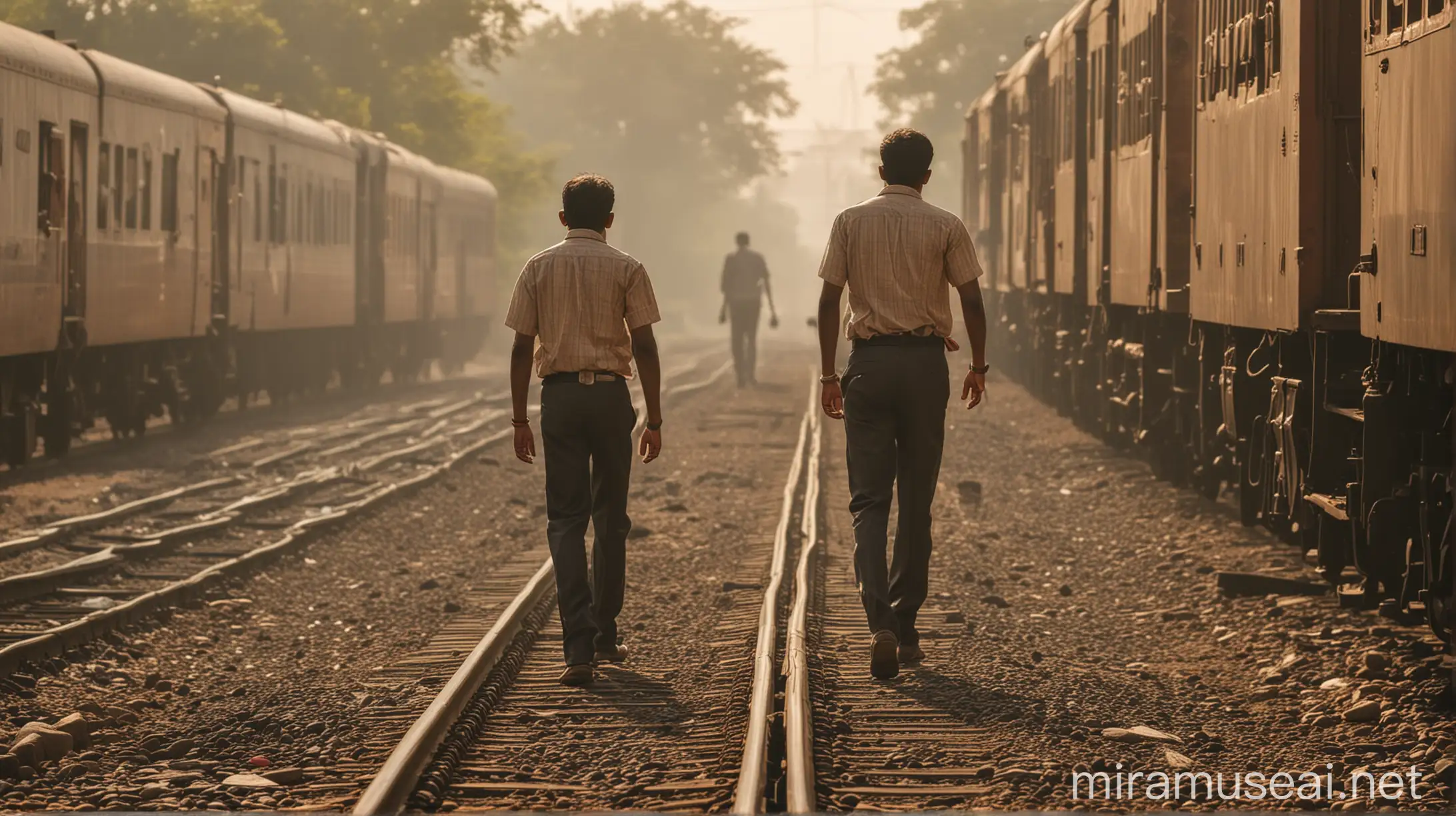 Two Indian Men Standing on Track in Front of Indian Train