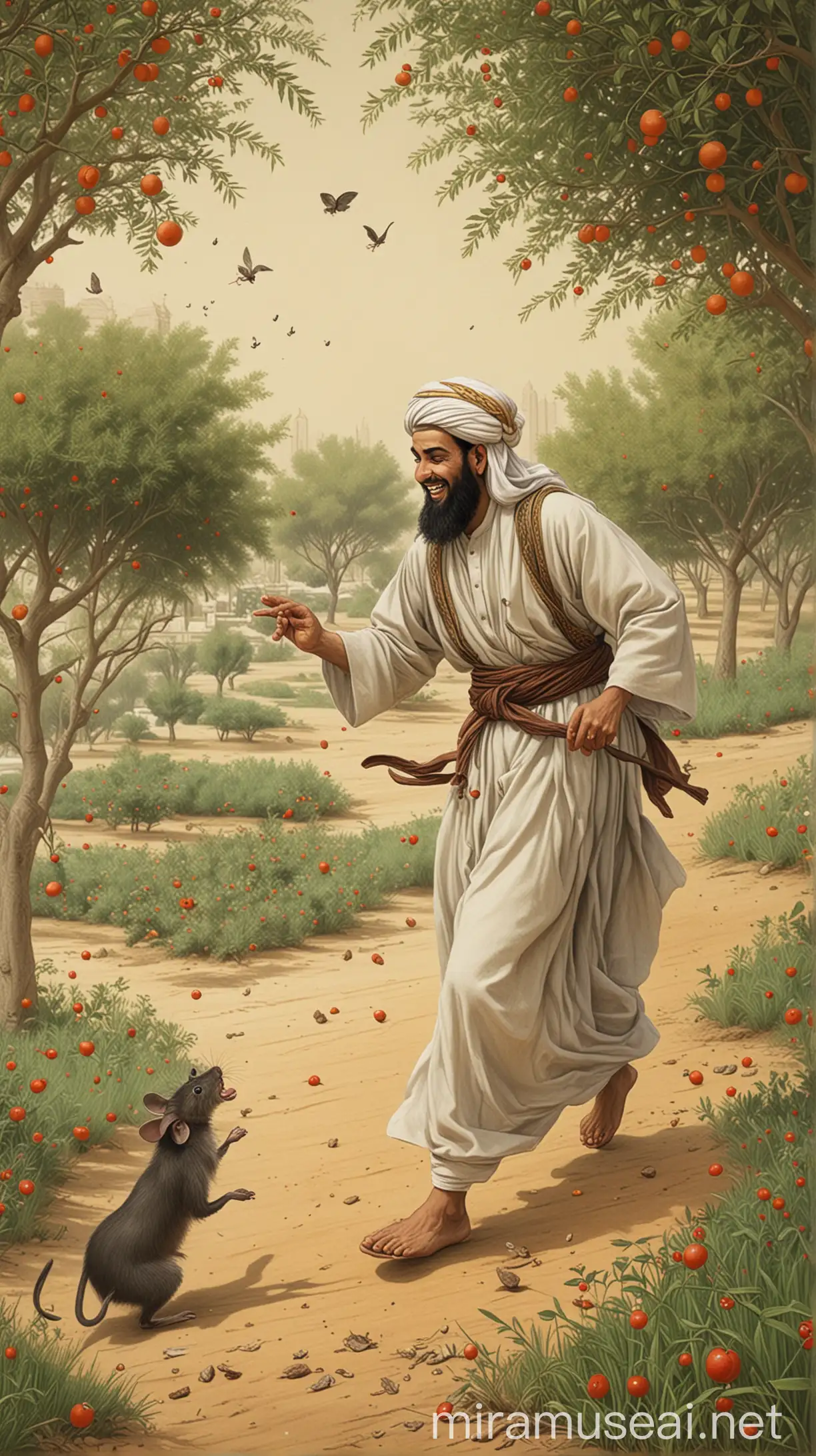  A drawing of Hazrat Abu Huraira (RA) playfully chasing a mischievous mouse in a date orchard.
Description: Abu Huraira (RA) is shown with a mischievous smile on his face, trying to catch the playful mouse that stole dates, reminiscent of the lighthearted incident he joked about with the Prophet (PBUH).
