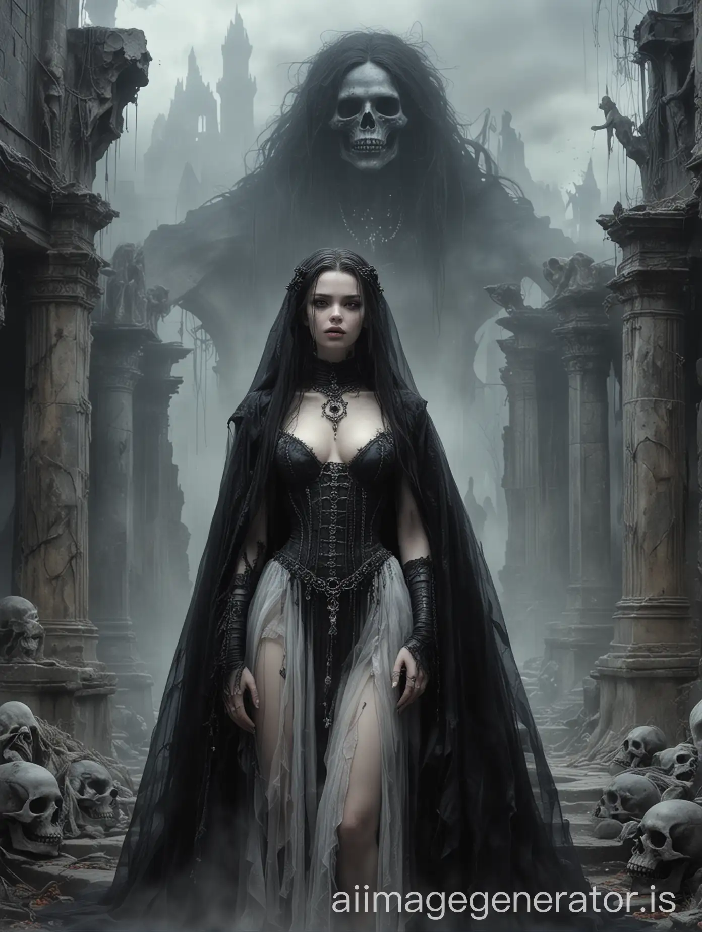 Dark-Fantasy-Wedding-Portrait-Woman-and-Necromancer-Embraced-in-Ancient-Ruins