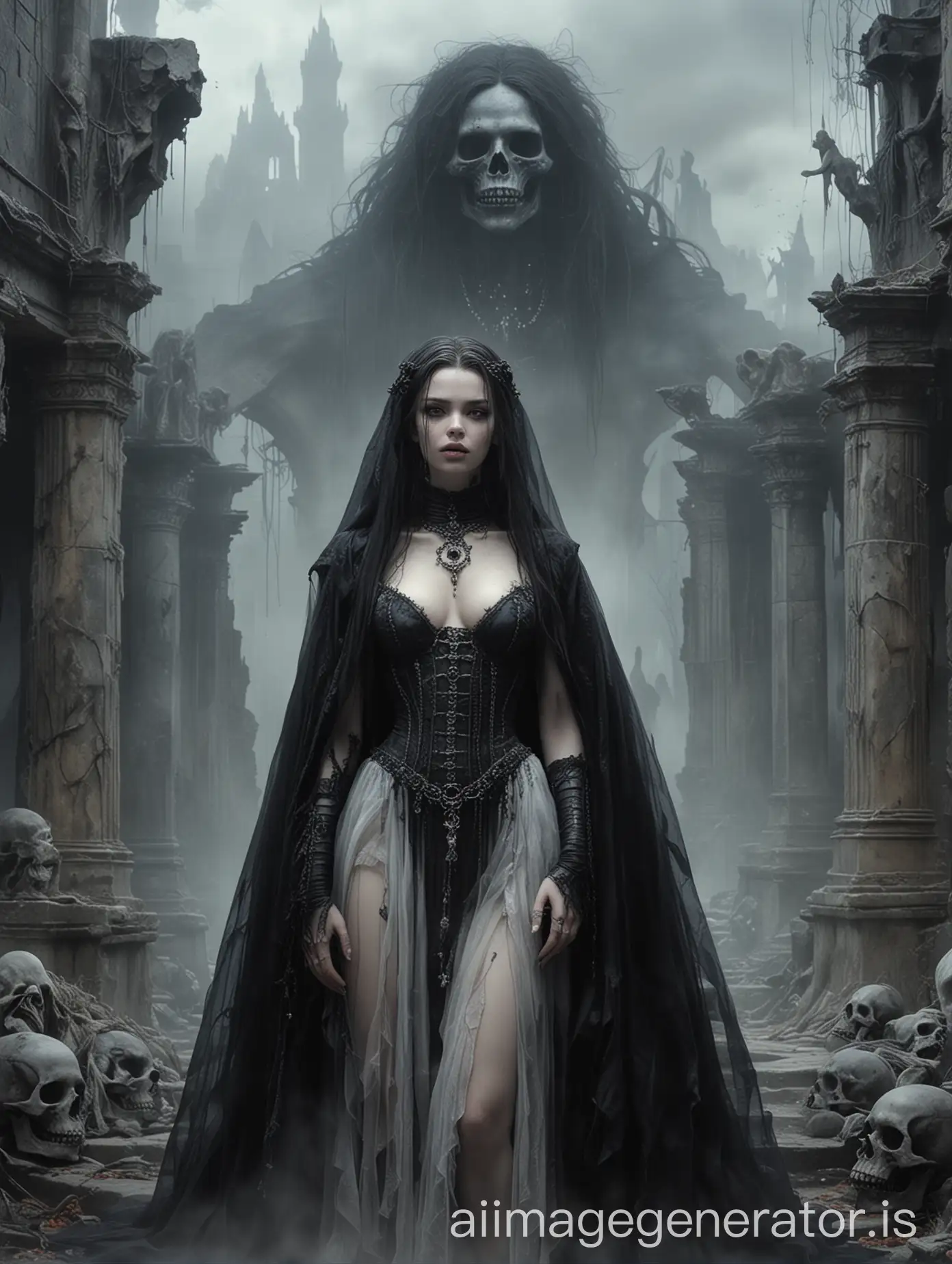 portrait, luis royo dark art style, anya taylor-joy face, woman looking up at the necromancer, wedding couple of woman and necromancer holding hands, necromancer huge creature in black robes embracing a woman, raggedy wedding dress translucent, innocent woman wedding with a demon, ancient ruins blurry foggy background