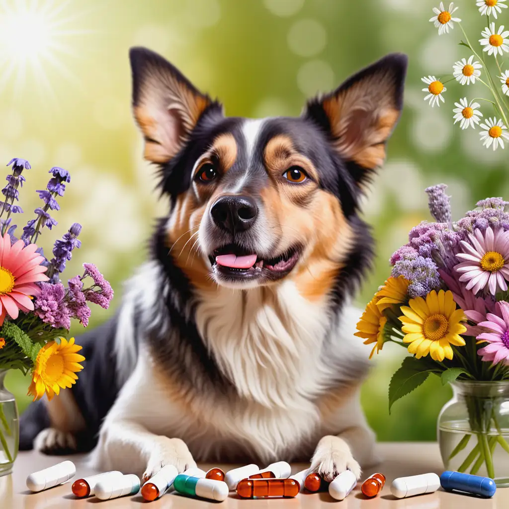 dog taking pills and flowers homeopathic