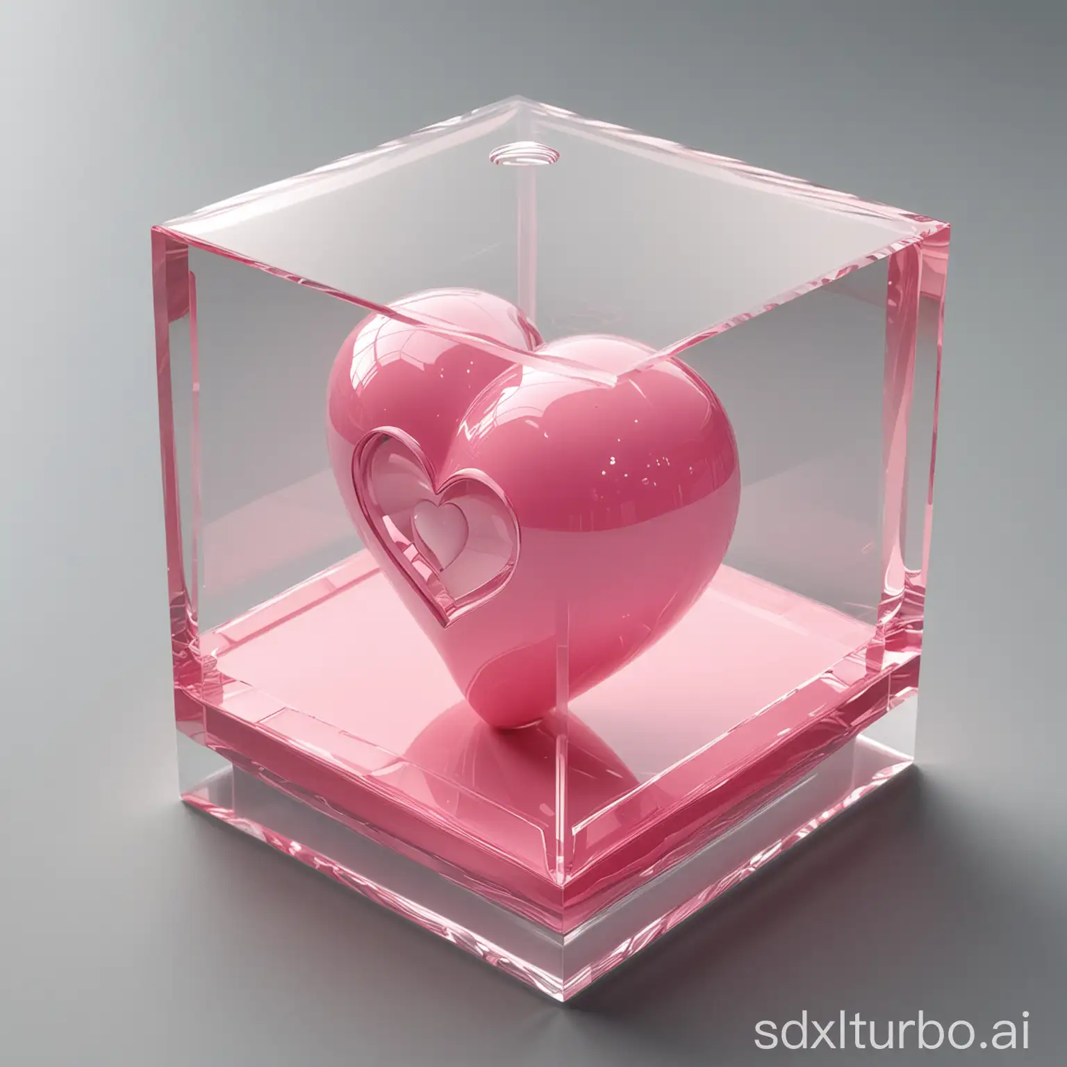 photorealistic image of a small[pink] 3D [heart] logo encased in aluxurious transparent box, viewed from anenhanced side angle to better reveal the 3D shapeof the logo. The box should be white, exquisitelydesigned, featuring crystal-clear glass withrefined, sharp edges and polished surfaces thatemphasize the depth and three-dimensionality otthe logo inside