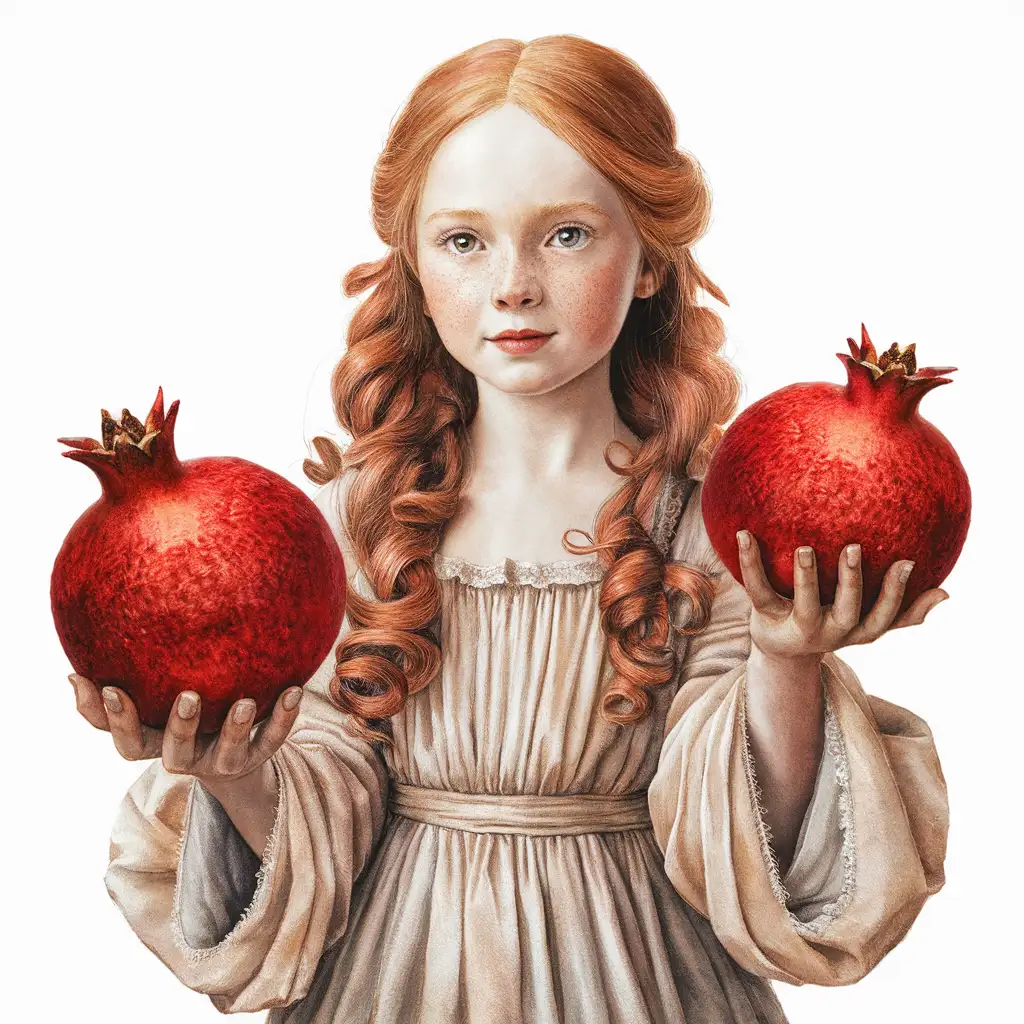 Ультра-детализация, мягкая акварель, яркая акварель, девушка славянская внешность, в длинном платье, длинные рыжие волосы, локоны, держит в руках гранат, красный гранат, вид спереди, фрукт гранат ягоды анфас вид спереди