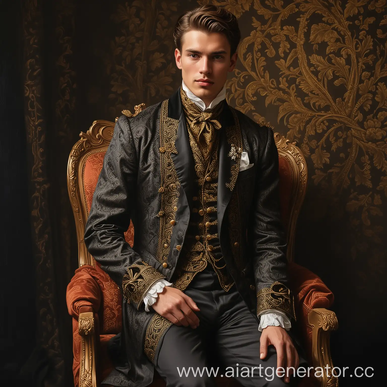 Elegant-19th-Century-Gentleman-Portrait-in-Embroidered-Frock-Coat-and-Baroque-Chair