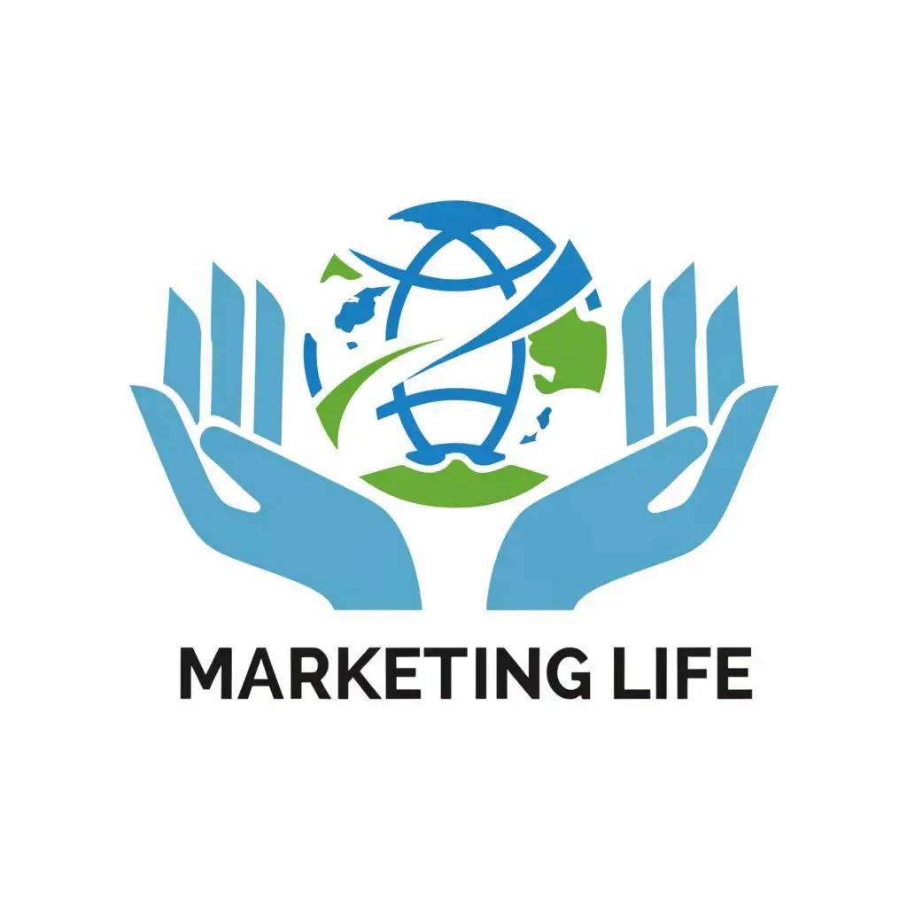 a logo design,with the text "MARKETING LIFE", main symbol:THE WORLD EMBRACED BY TWO HANDS,Moderate,be used in Internet industry,clear background