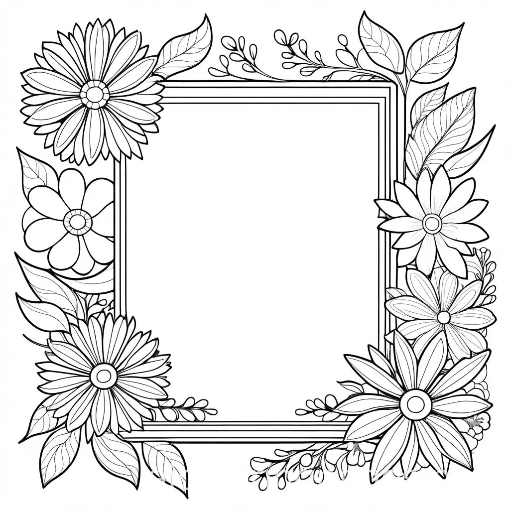 mother's day picture frame with flowers, Coloring Page, black and white, line art, white background, Simplicity, Ample White Space. The background of the coloring page is plain white to make it easy for young children to color within the lines. The outlines of all the subjects are easy to distinguish, making it simple for kids to color without too much difficulty