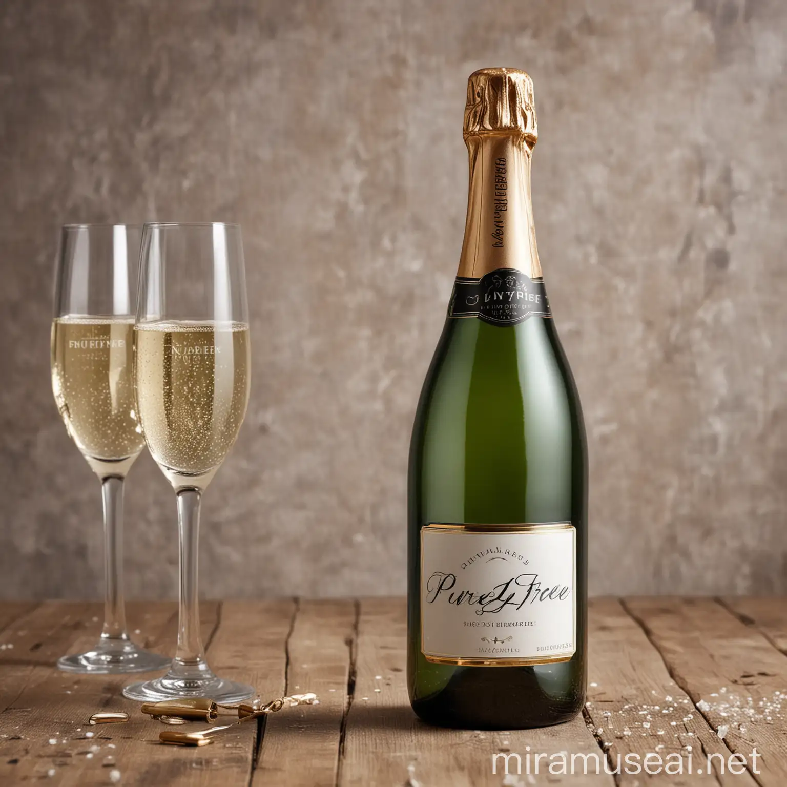 Create a fancy photo with the glass and bottle of non-alcoholic champagne with the name on It "PurelyFree"
