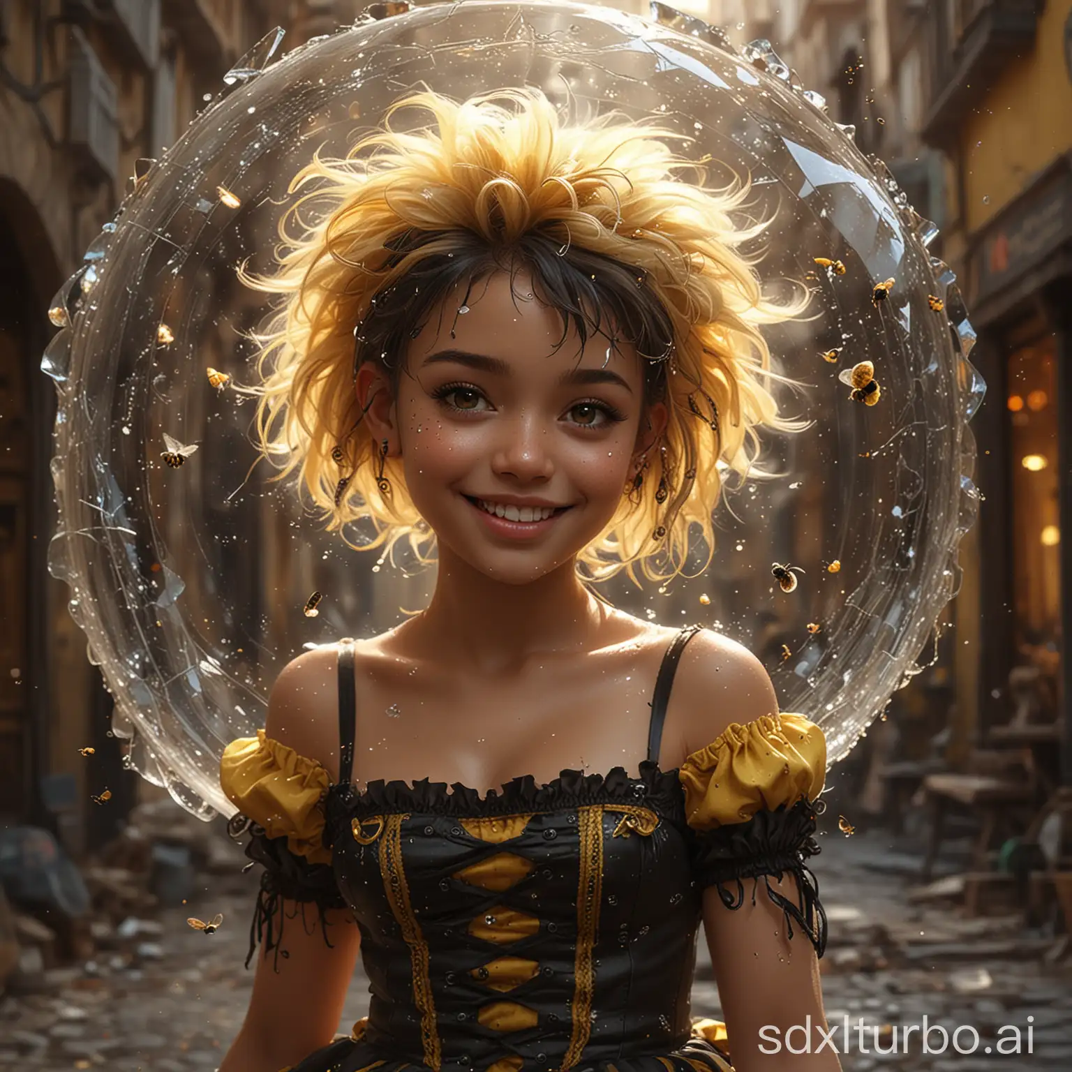 cute little women 20 yaers old in honey bee carnival dress, tanned skin,
happy smile,full body, luis royo house an ultra hd detailed painting, digital art,shaggy upswept black-yellow hair, 
realistic, Art by Daniela Uhlig and Tatiana Suarez, a tattooed punk beauty, bright, smile, cute little baby girl honey bee dress beautiful, splash,
Glittering, cute and adorable, filigree, 
rim lighting, lights, extremely, magic,
surreal, fantasy, digital art, wlop, Broken Glass effect, stunning