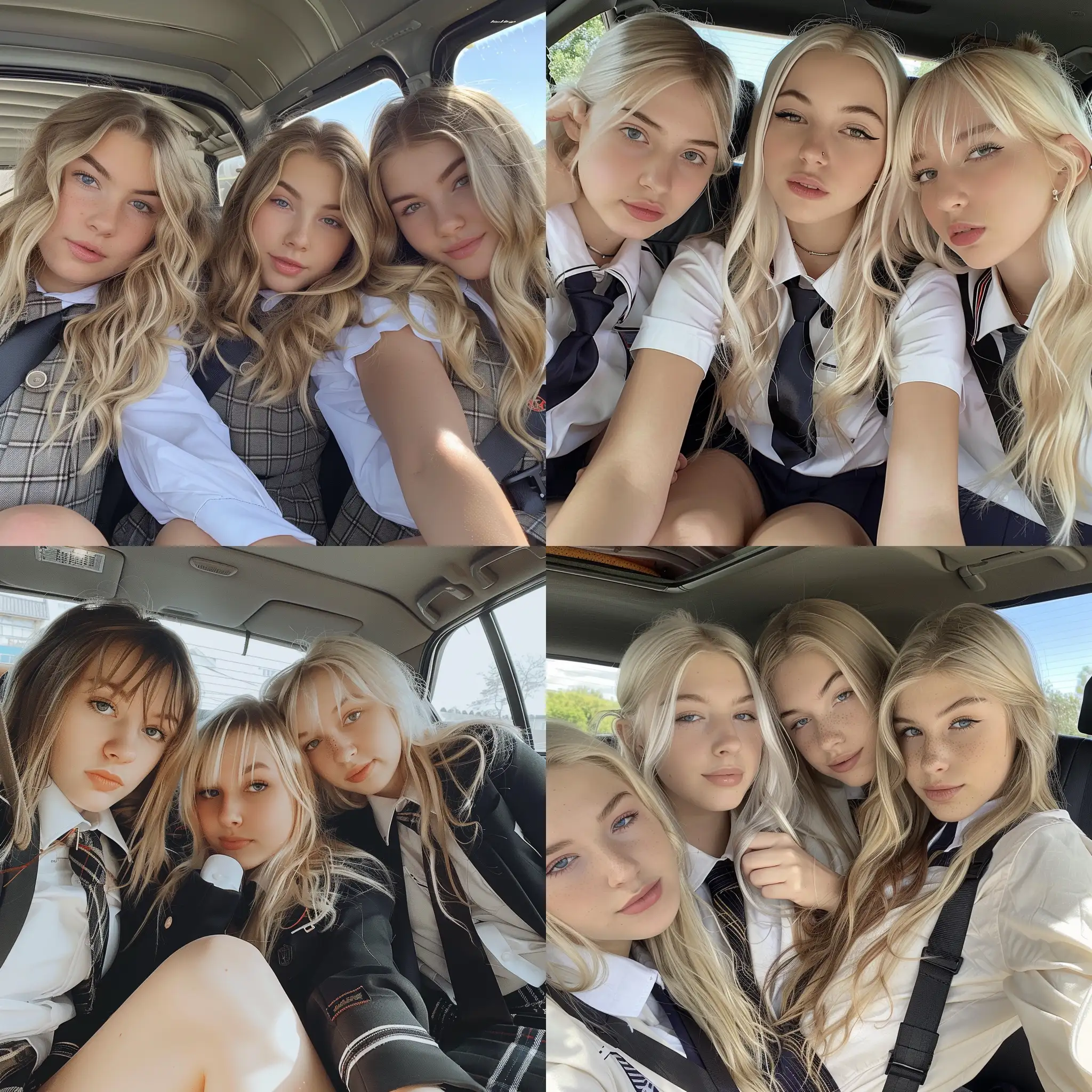 3 girls, 22 years old, blonde hair, school uniform, posing, makeup, inside car, no effects, no filters, natural , iphone photo natural, fat legs --v 6 --ar 3:4 --no 54135