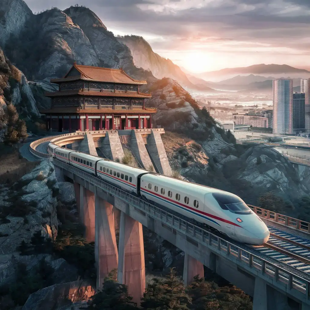 from ancient Chinese architecture and high-speed rail connected by bridges on the slope, using modern cities as background