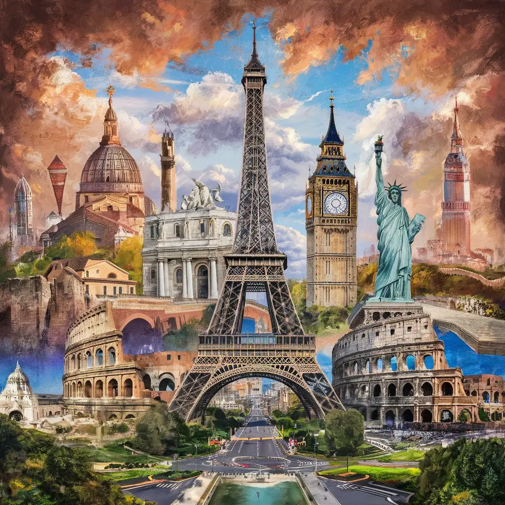 A collage of famous landmarks from around the world, created with a mix of photography and painting. 