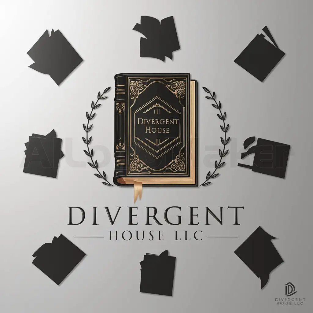 a logo design,with the text "Divergent House LLC", main symbol:main symbol of your logo, a book with a Victorian cover and surrounded by main book genres,Moderate,be used in Book Publishing industry,clear background