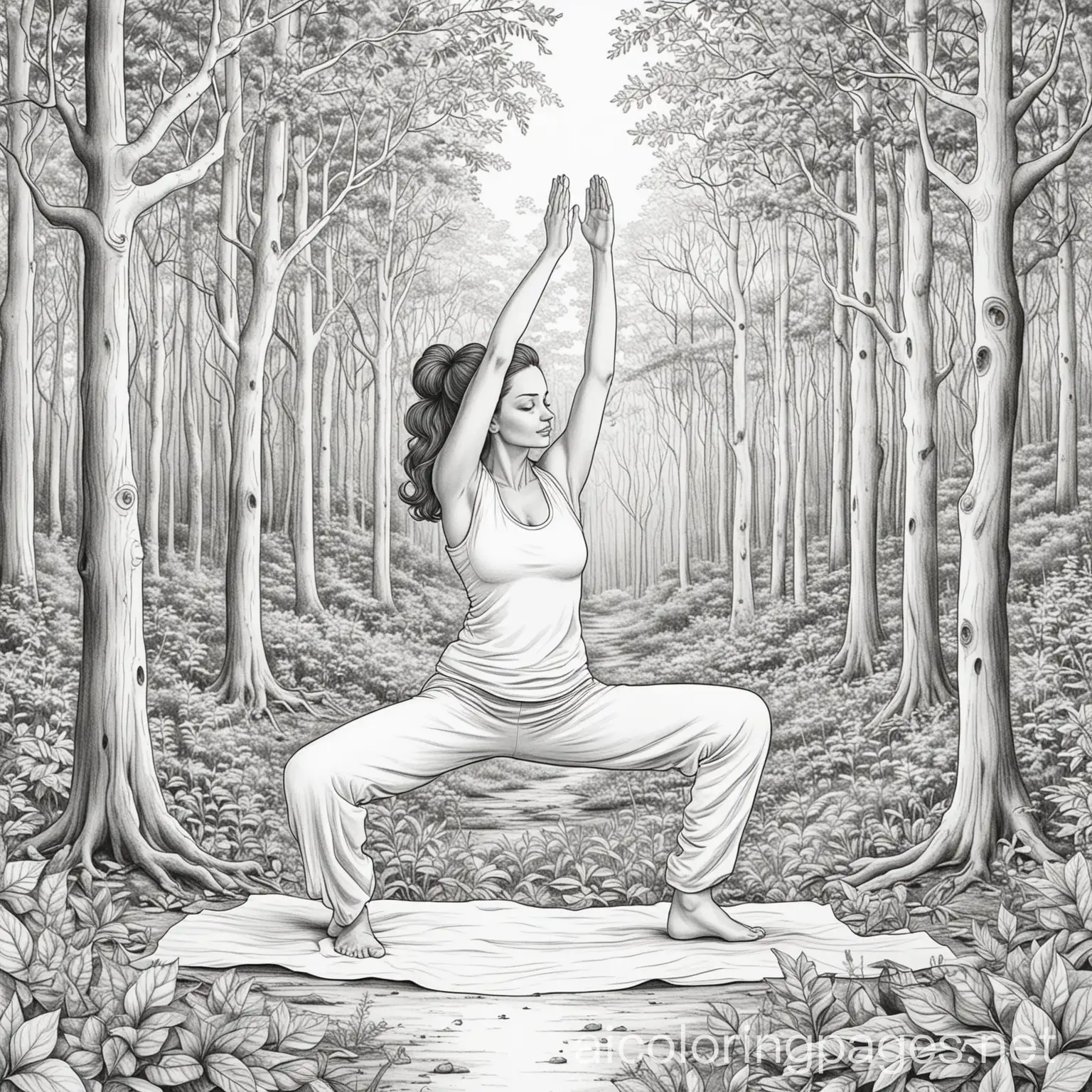 woman doing yoga in the woods, Coloring Page, black and white, line art, white background, Simplicity, Ample White Space. The background of the coloring page is plain white to make it easy for young children to color within the lines. The outlines of all the subjects are easy to distinguish, making it simple for kids to color without too much difficulty