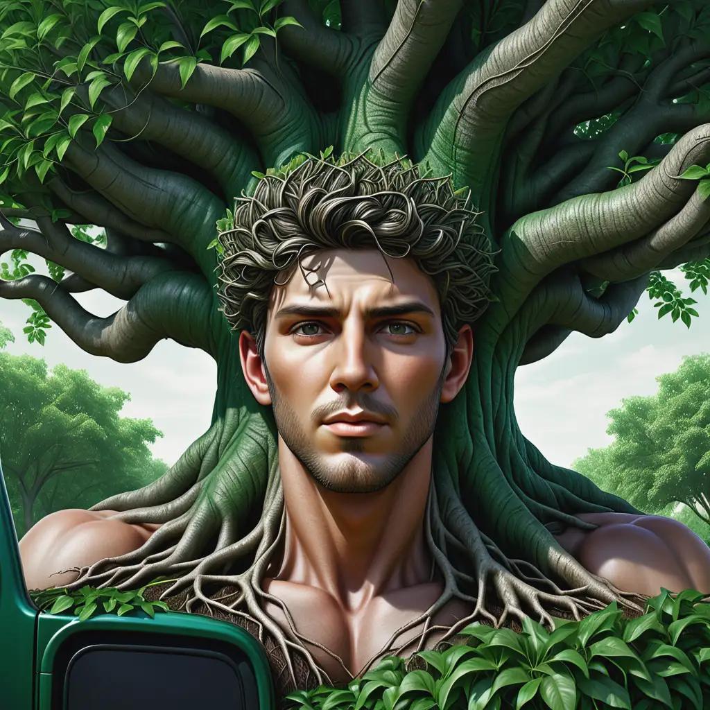 A large sturdy tree with thick above ground roots, from the upper half of the truck emerges an intricate, Hyperdetailed , hyper realistic face of a handsome, masculine man, thick branches protrude from the sides in an upward direction, entangling with a network of smaller branches supporting a large canopy of brilliant emerald green leaves.