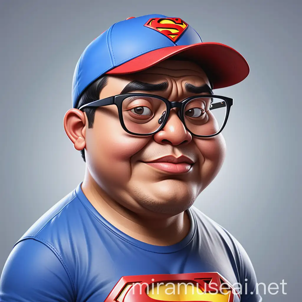 
4d caricature of medium fat Indonesian man wearing baseball cap superman logo glasses and plain t-shirt