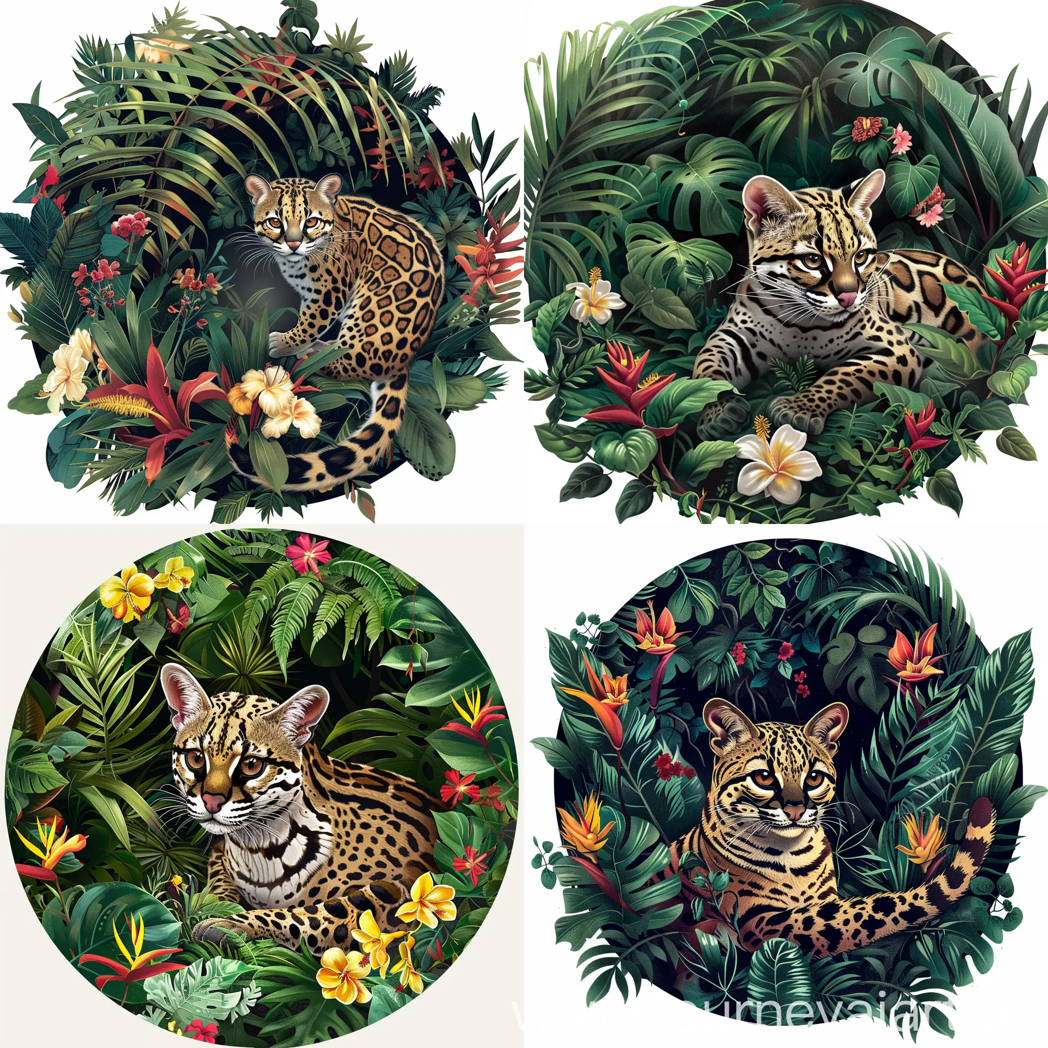 Art of a charming ocelot exploring the dense Paraguayan forest, (on a white background:1.2), Illustrative Nature style, intricate details, 4k, masterpiece, lush foliage and colorful tropical flowers should surround the central round-shaped comic