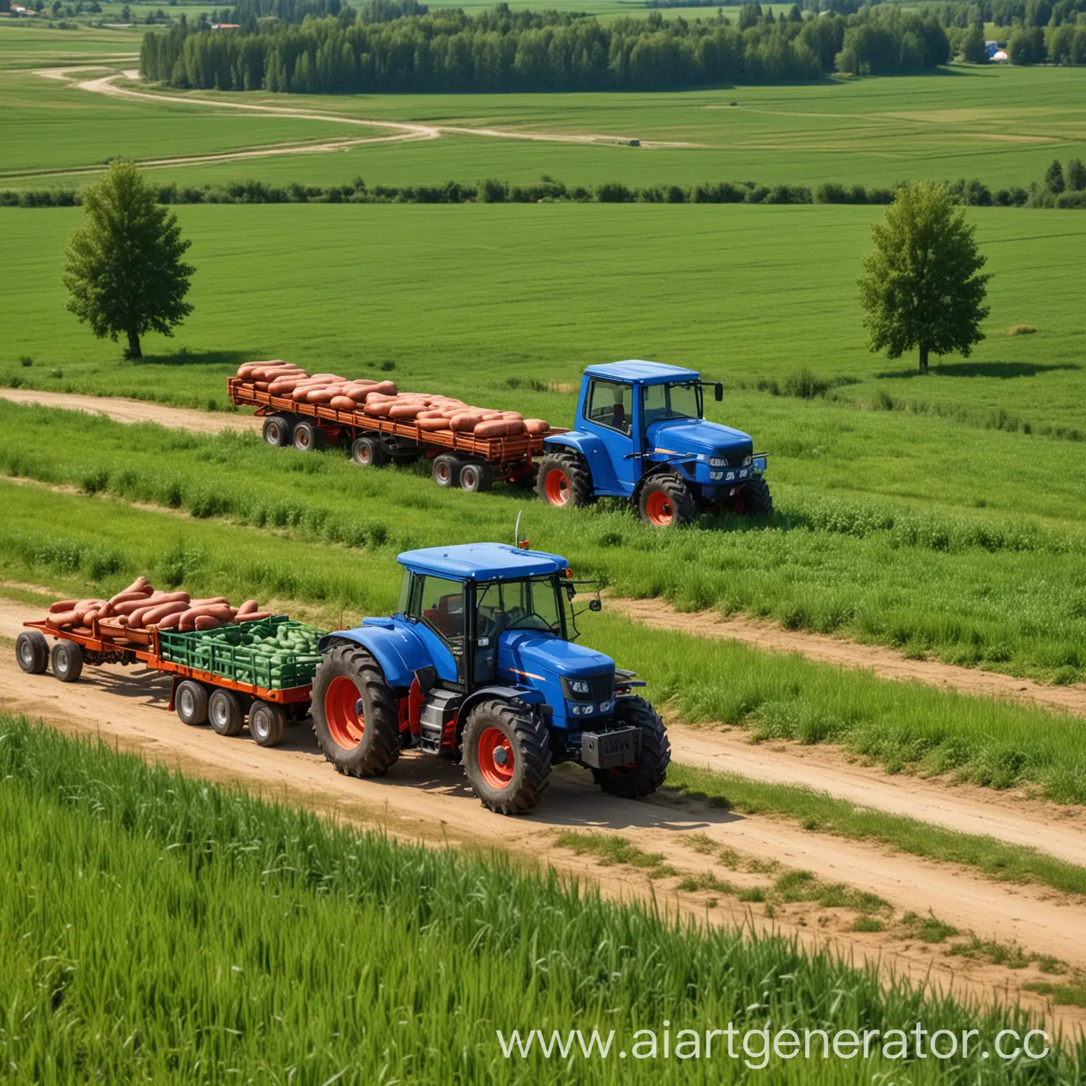 Синий трактор с прицепом едет на фоне красивого деревенского пейзажа, зеленого поля, деревьев, трактор везет гигантскую колбасу в прицепе, высота изображения 10 сантиметров, длина изображения 10 сантиметров.  