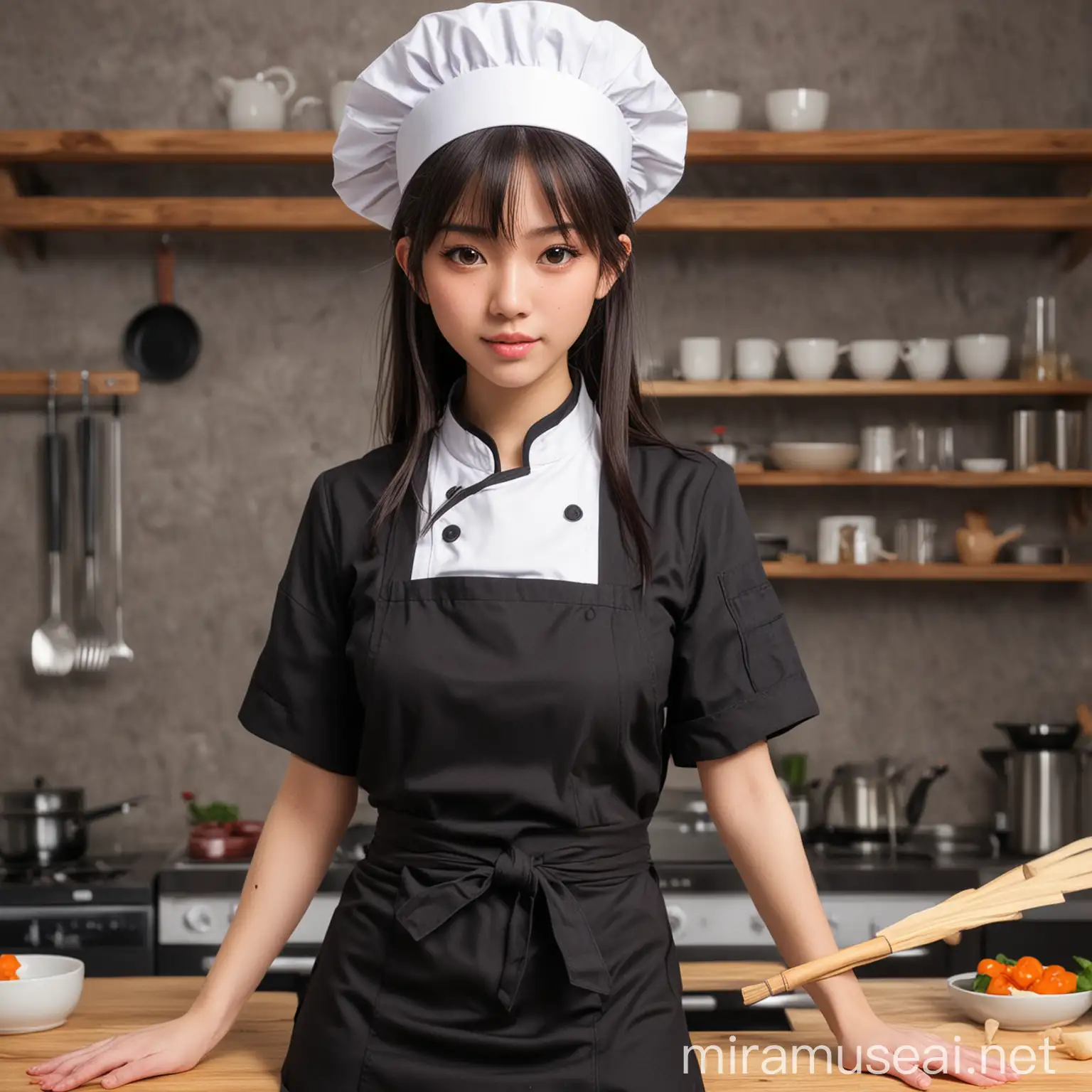 young woman chef wearing black shirt with black apron wearing hachimaki asian girl white 3rd anime
