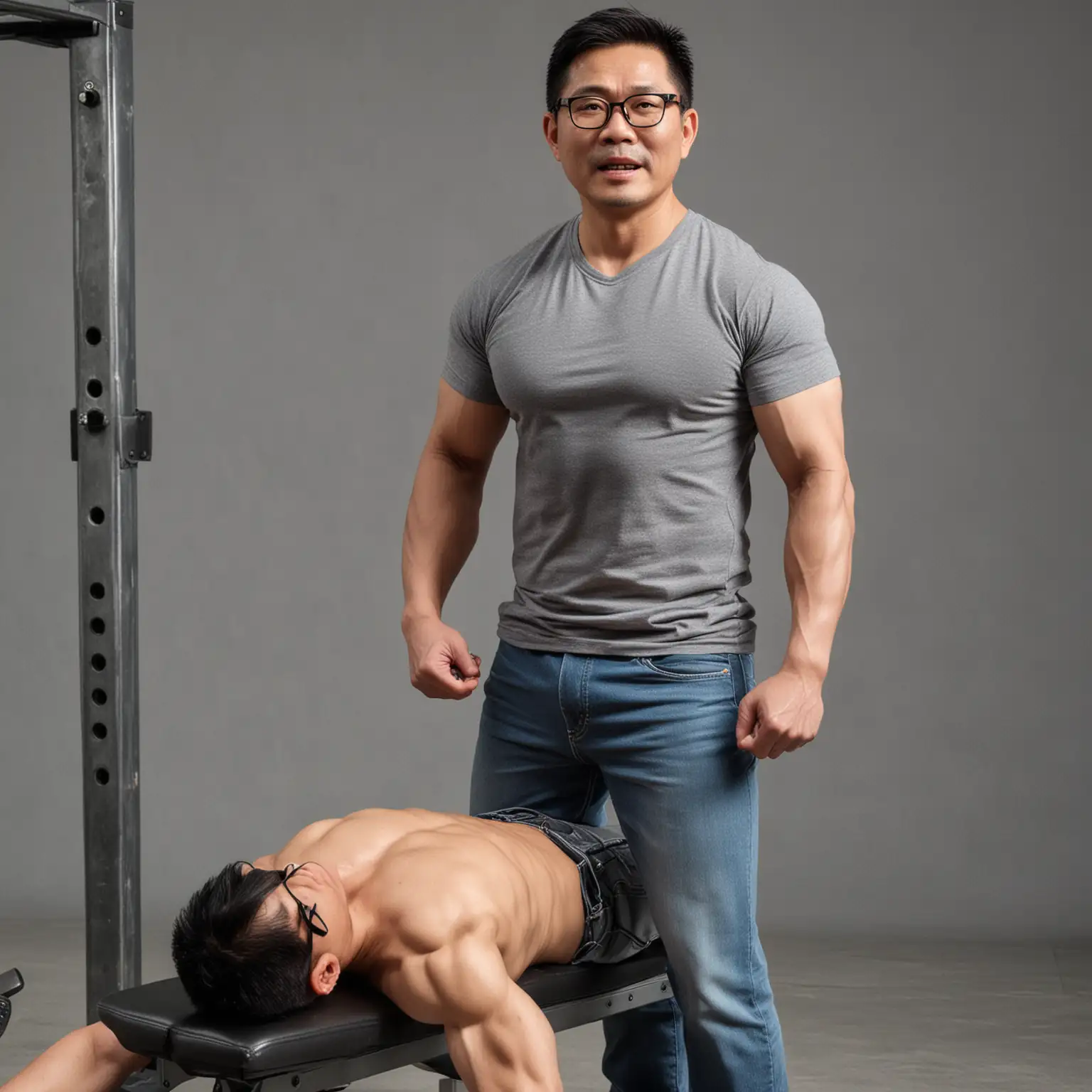 An Asian middle-aged man, about 40 years old, with glasses, 170cm tall, weighing 65KG, wearing a gray T on the upper body, jeans on the lower body, doing bench presses, bench presses, 35KG on each side 