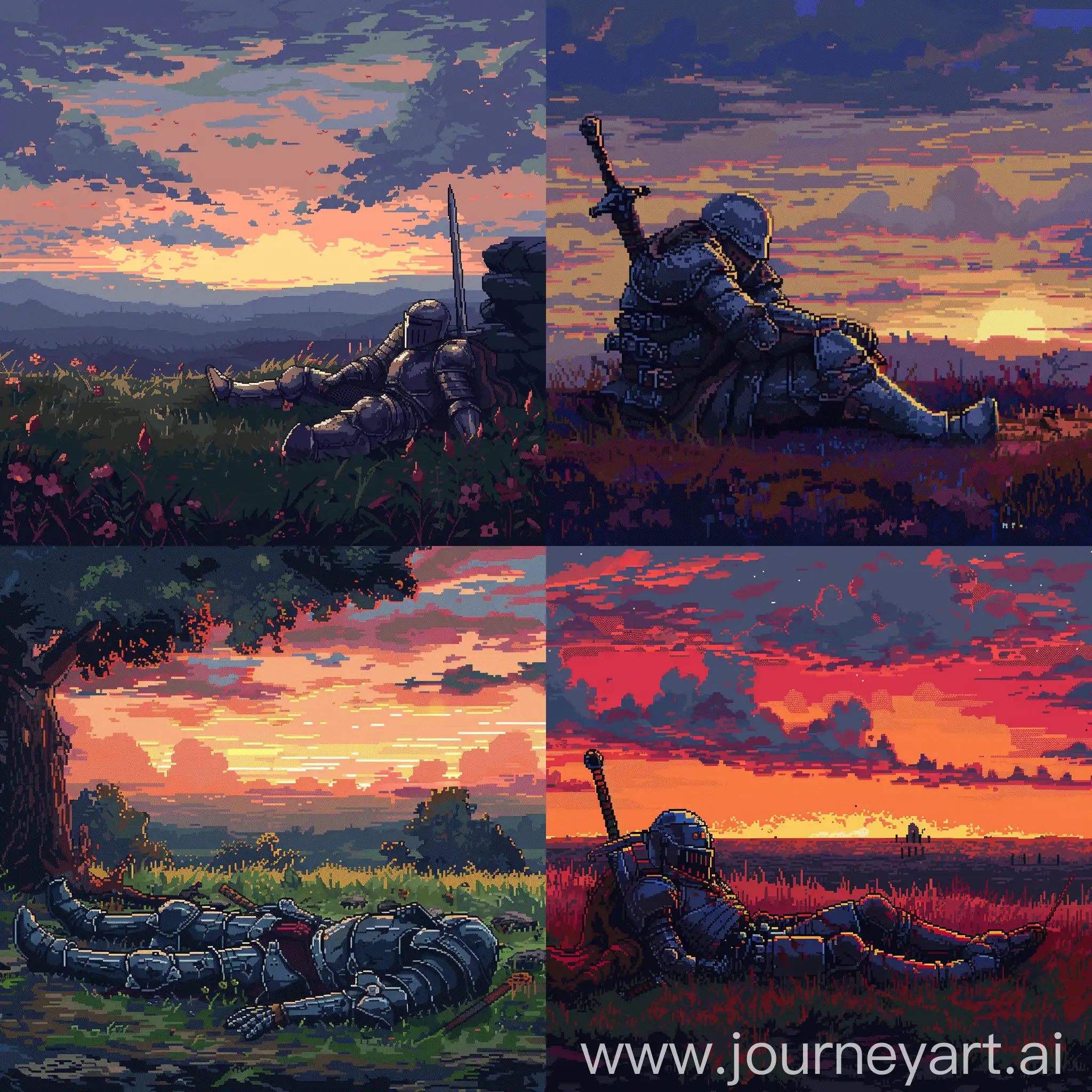 Knight-Resting-in-Paid-Armor-at-Sunset-Dark-Fantasy-Pixel-Art