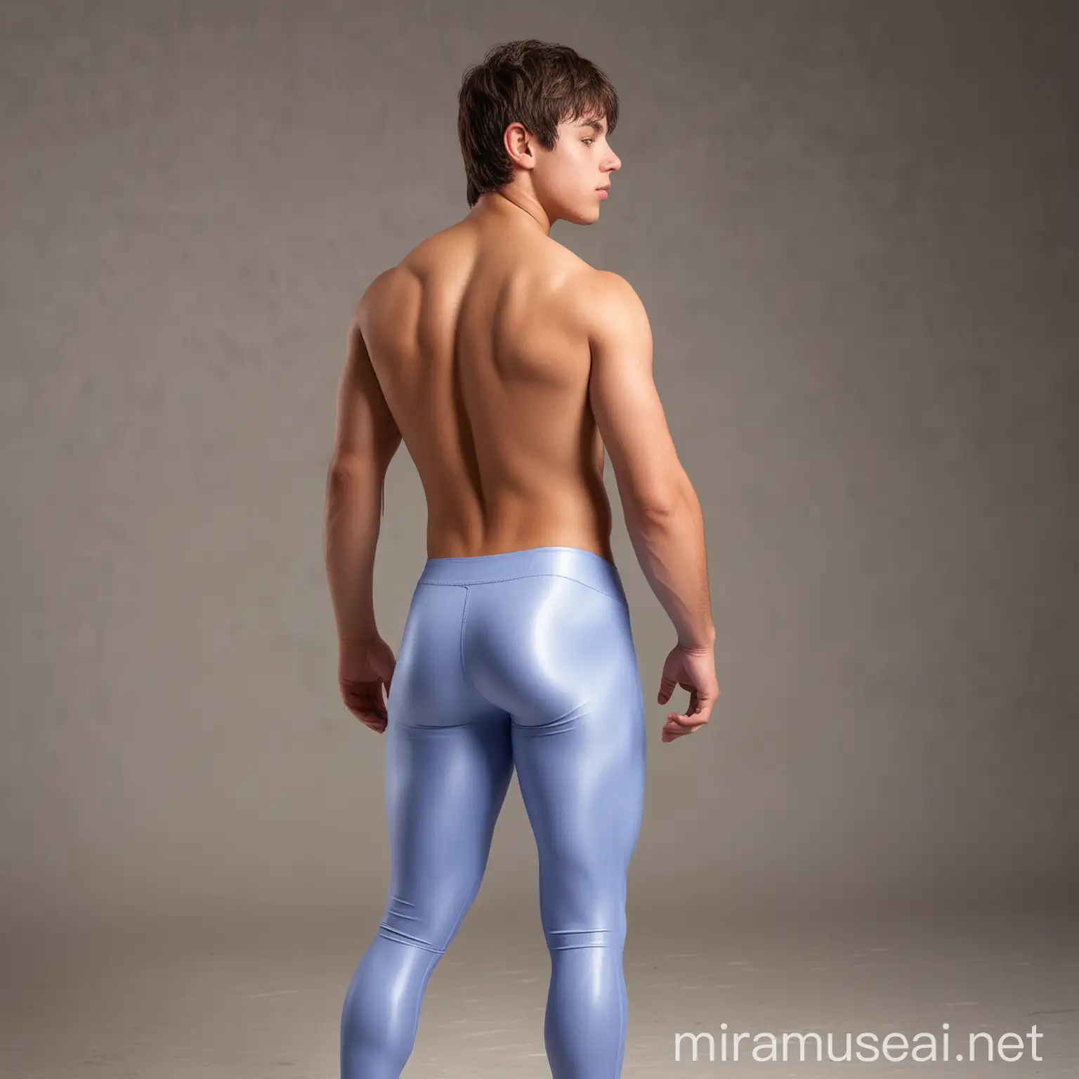 Charming fit shirtless 19 year old male Argentine wrestler, with short side-fringed brunette hair, mid-brown skin and hazel eyes, wearing long periwinkle spandex leggings, well defined buttocks, rear view