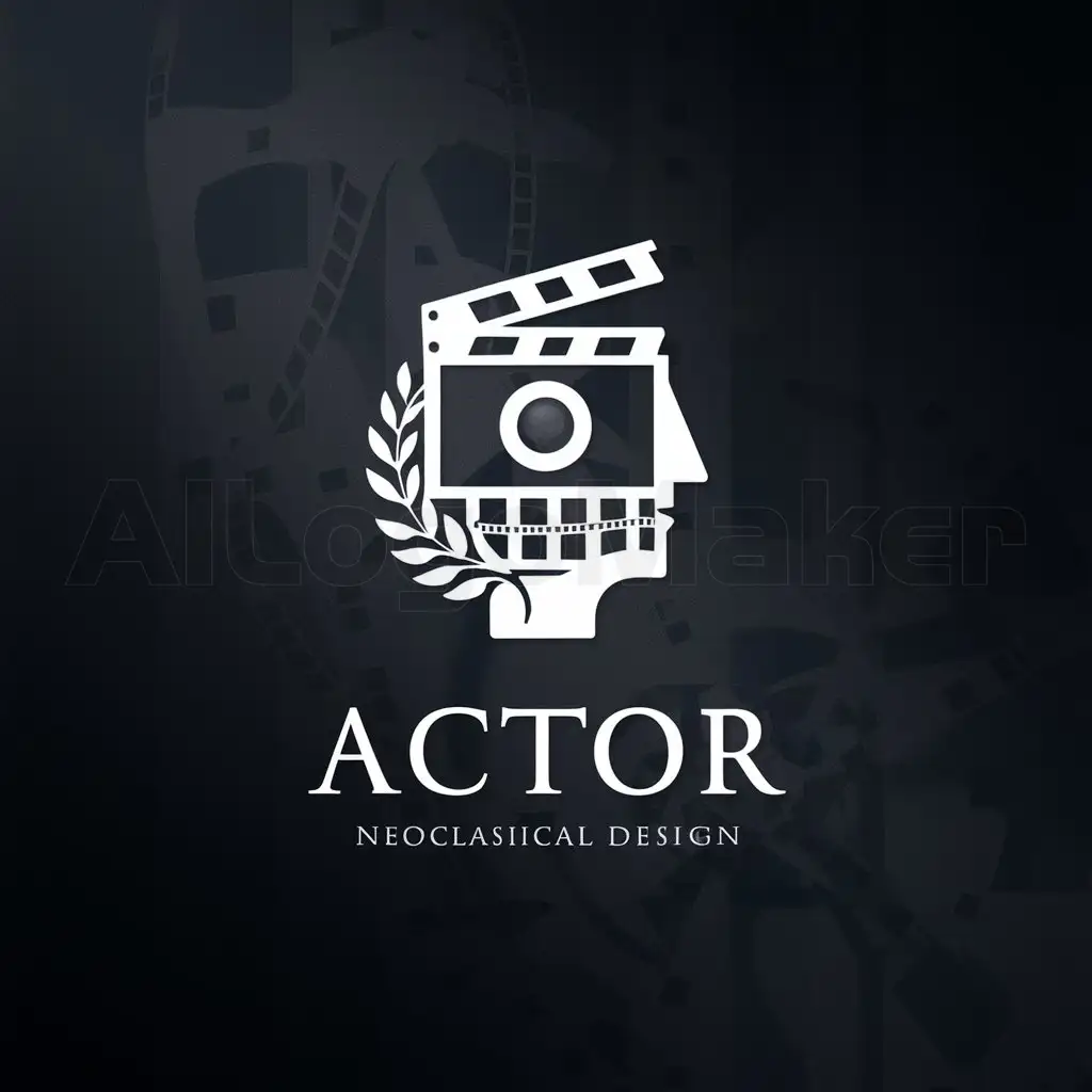 a logo design,with the text "Actor", main symbol:please use traditional way or somehow neoclassic way for logo design and mix cinematic elements such as camera, clapperboard, film strips and also theatrical elements to form a human head.,Minimalistic,clear background