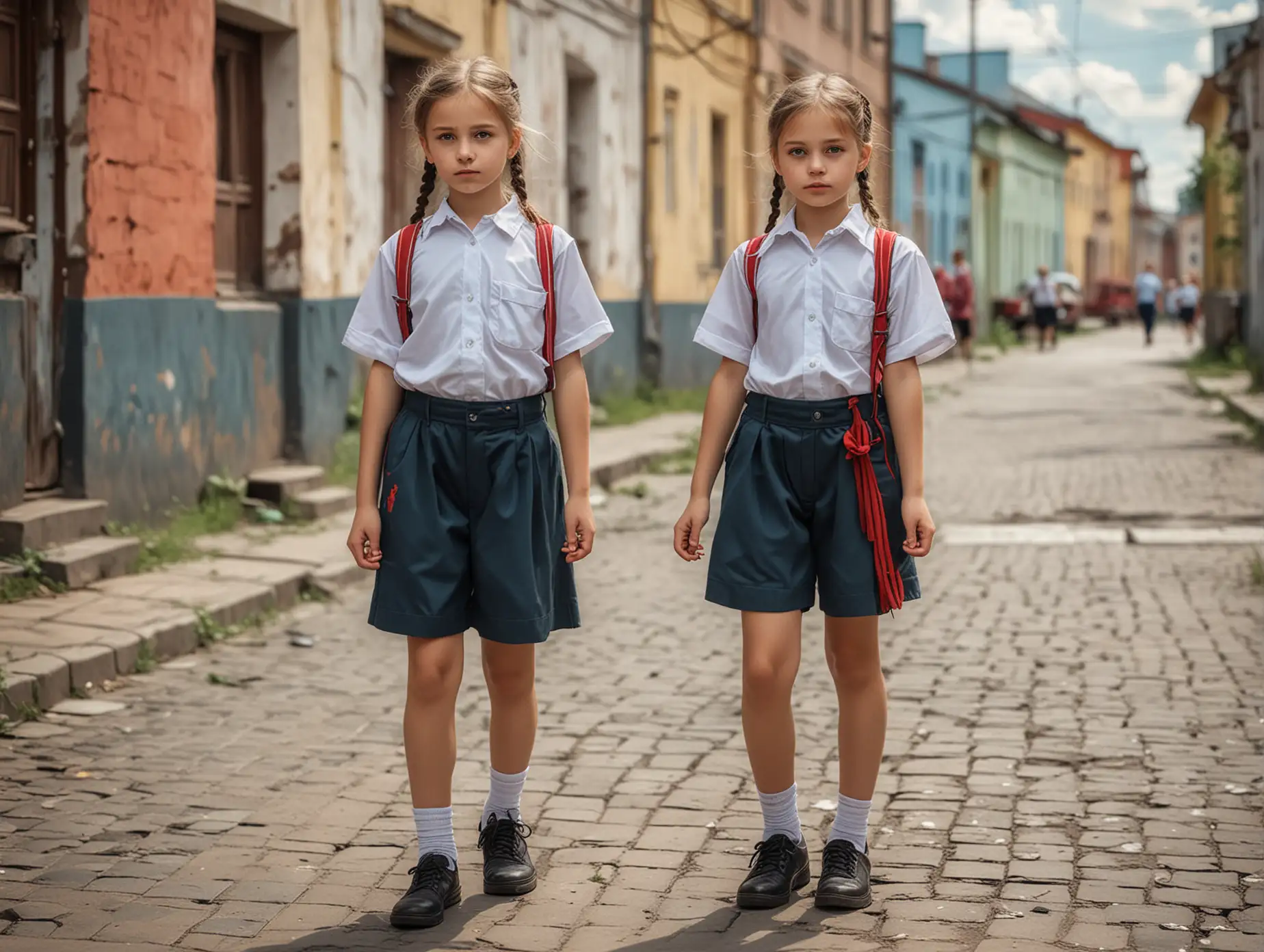 Children-Wearing-USSR-School-Uniforms-on-Summer-Day-Street-Scene