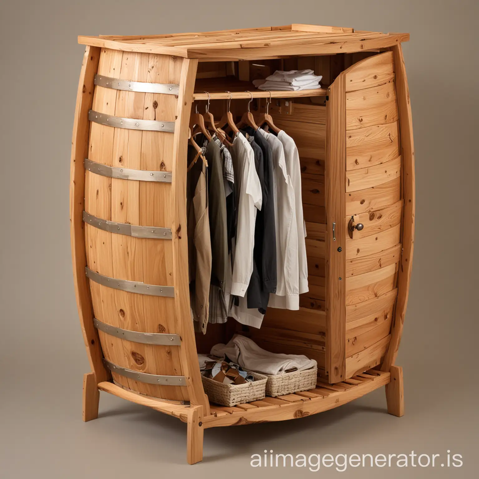 A wooden barrel-shaped cedar clothes rack, with a movable door that can serve as a drying cabinet.