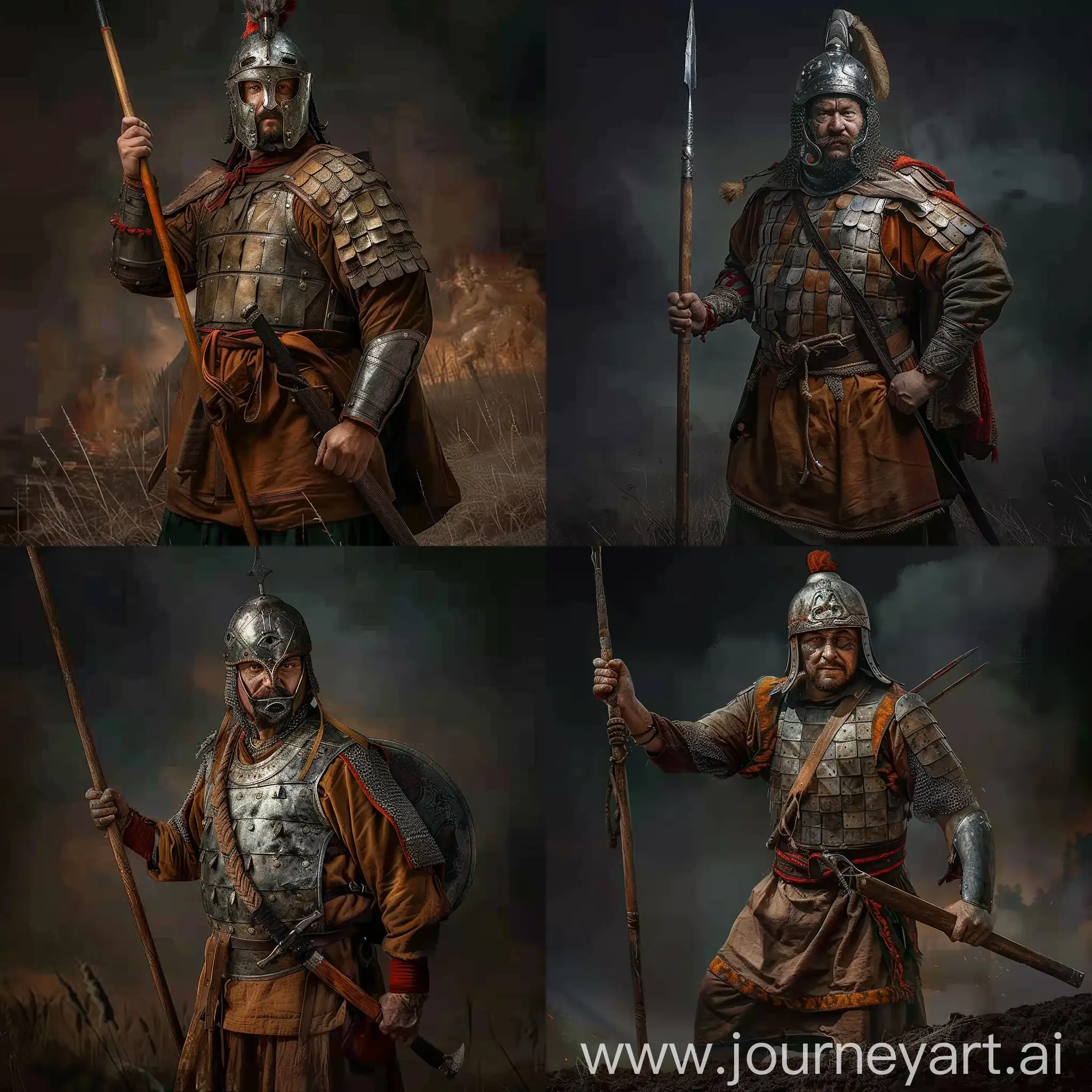 Kipchak Warrior with lamellar armor over brown tunic, wearing war helmet with facial features, has a pike on his hand, posing, cinematic lighting