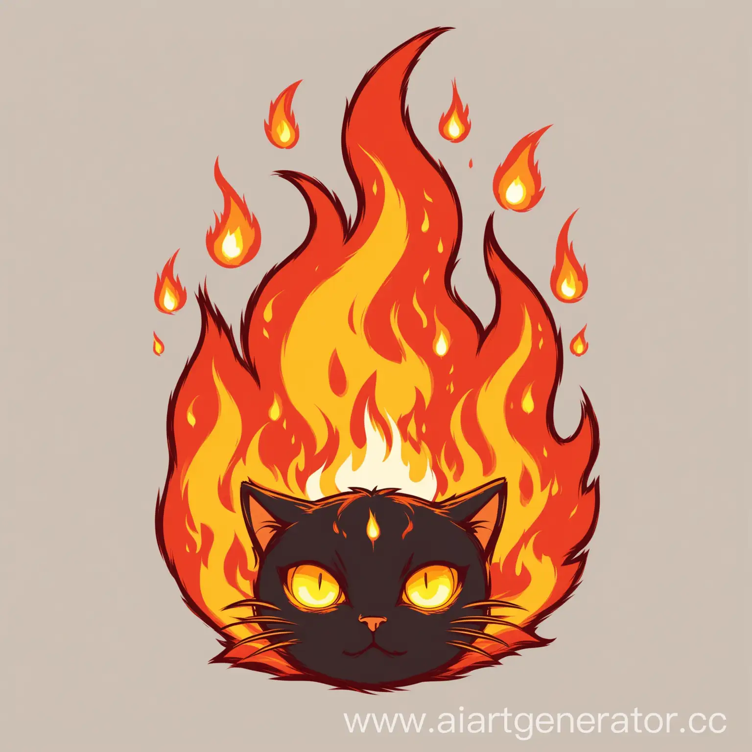 Кот состояший из огня, где  глаза и нос отсутствует огонь, стиль рисованый