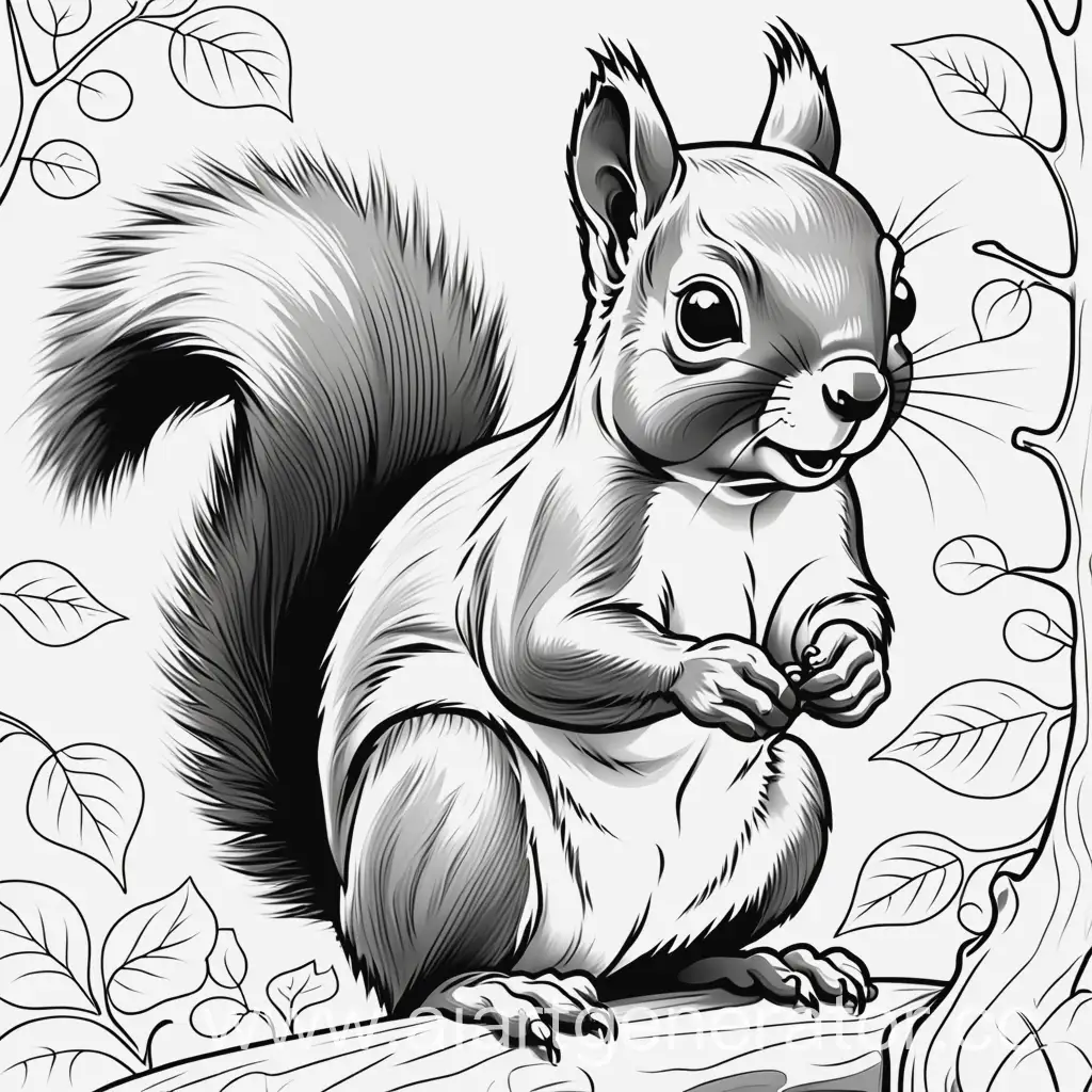 Child-Coloring-Squirrel-Playful-Black-and-White-Sketch-Art