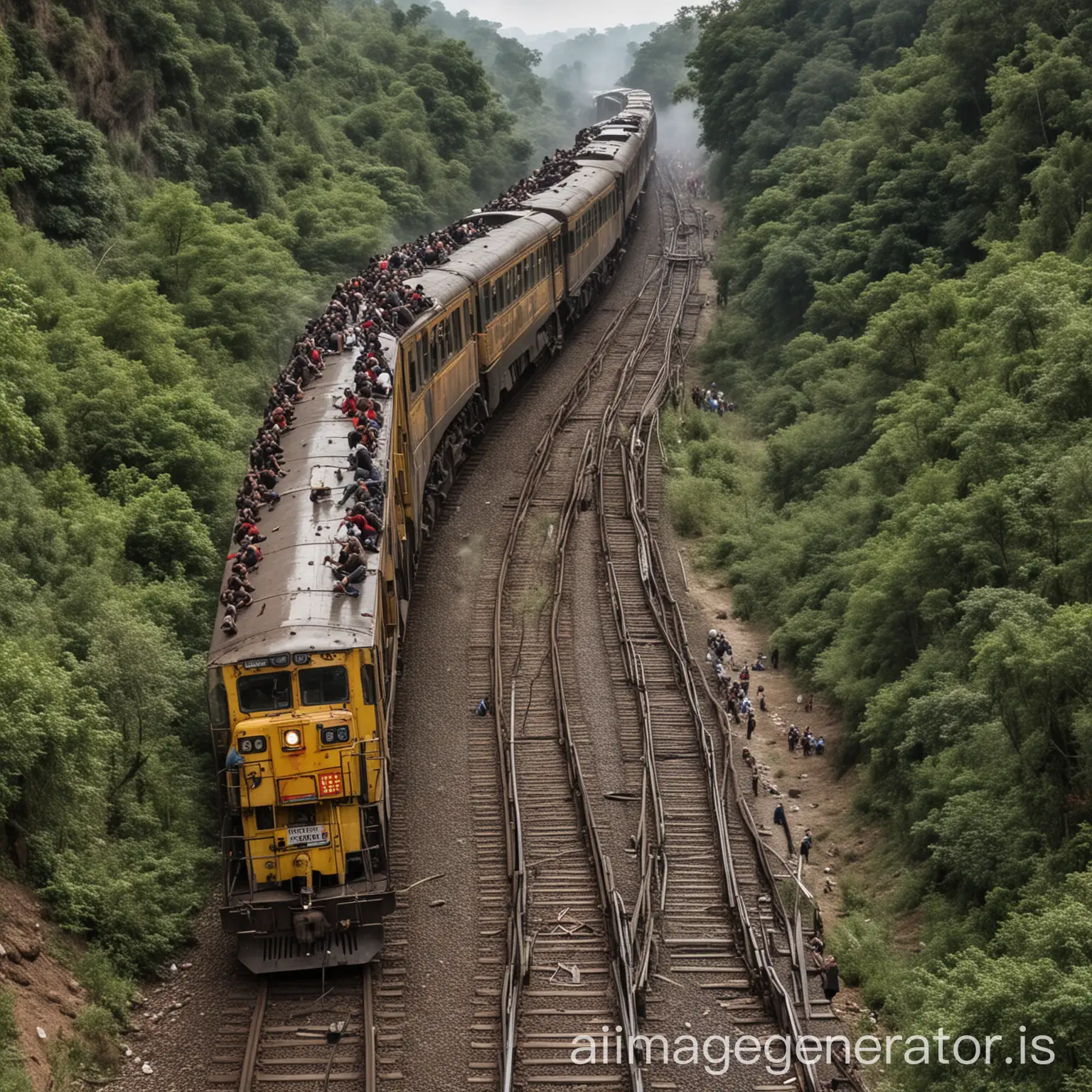 The train snakes along and it's a lot of people screaming for survival