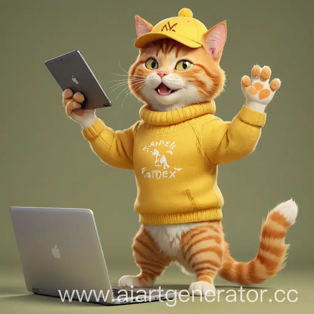 рыжий кот в жёлтом свитере с надпись "Яндекс", в кепке, стоит на двух задних лапах, в одной держит ноутбук, другой машет, стиль мультяшный