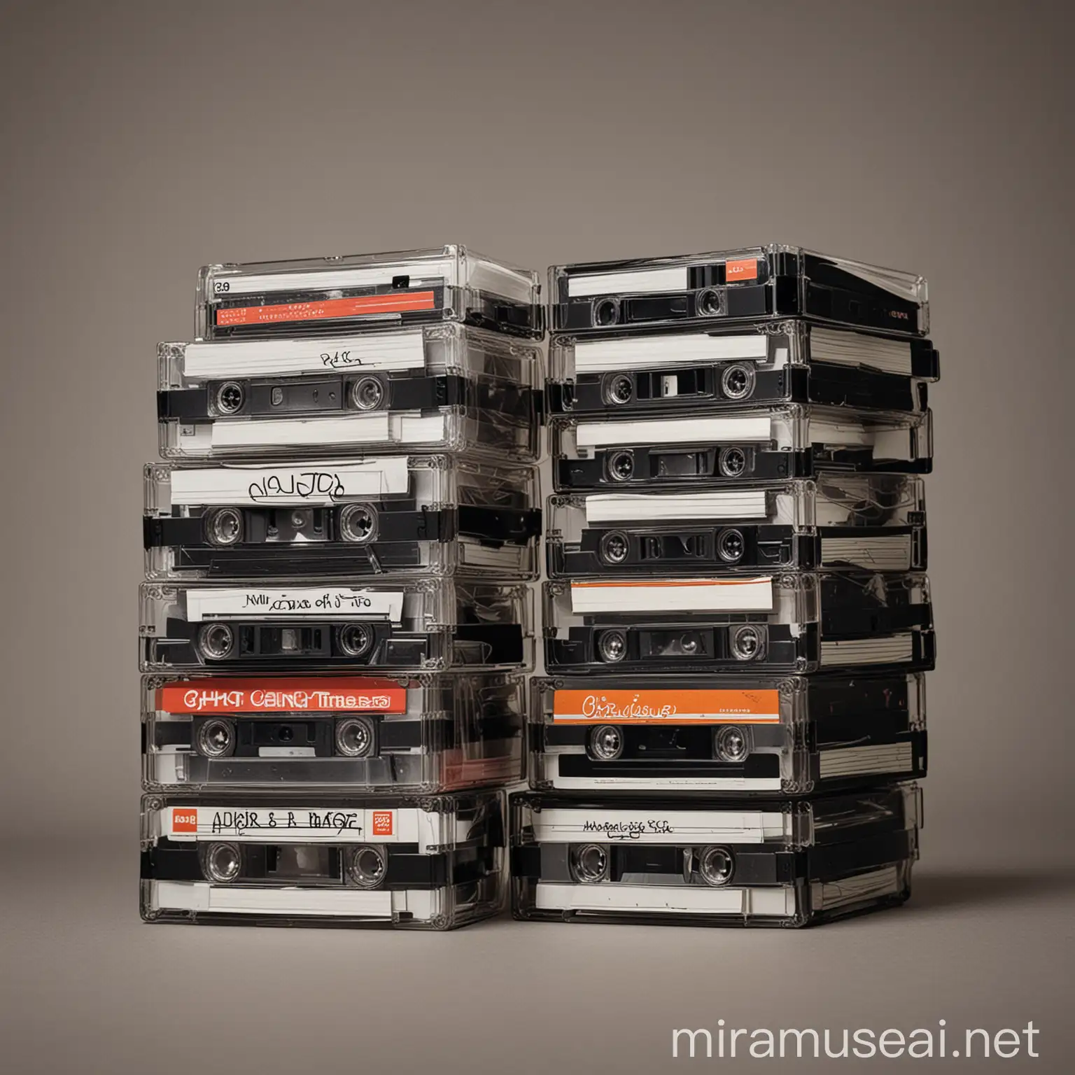 Retro Stack of 9 Cassette Tapes Vintage Music Collection Display