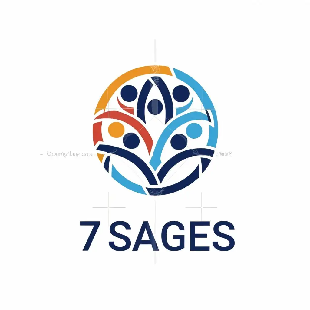 a logo design,with the text "7 sages", main symbol:Round logo with white and blue colors. In the center there should be silhouettes of 7 team members.,complex,be used in Sports Fitness industry,clear background