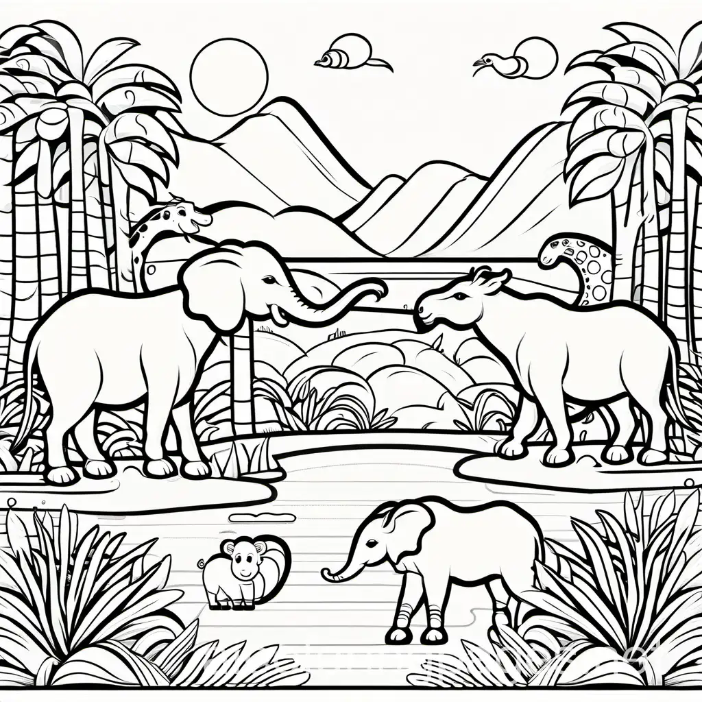 different animals in the zoo, Coloring Page, black and white, line art, white background, Simplicity, Ample White Space. The background of the coloring page is plain white to make it easy for young children to color within the lines. The outlines of all the subjects are easy to distinguish, making it simple for kids to color without too much difficulty