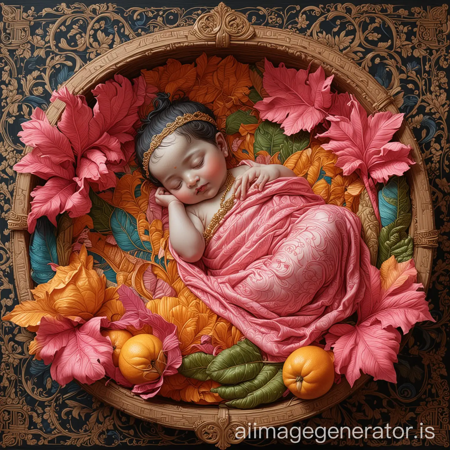 Lord Krishna as dark brown new born baby laying in a wooden basket ,Ancient art deco every surface covered in intricate contour lines, highly detailed line work in colored lines in hot pink, blues, golden oranges, lime green engraved illustration by j. c. leyendecker and albrecht durer and gustav klimt with highlights, blue peacock leaf, in the style of full color, ultra - photorealism, ultra - detail, with intricate color plates