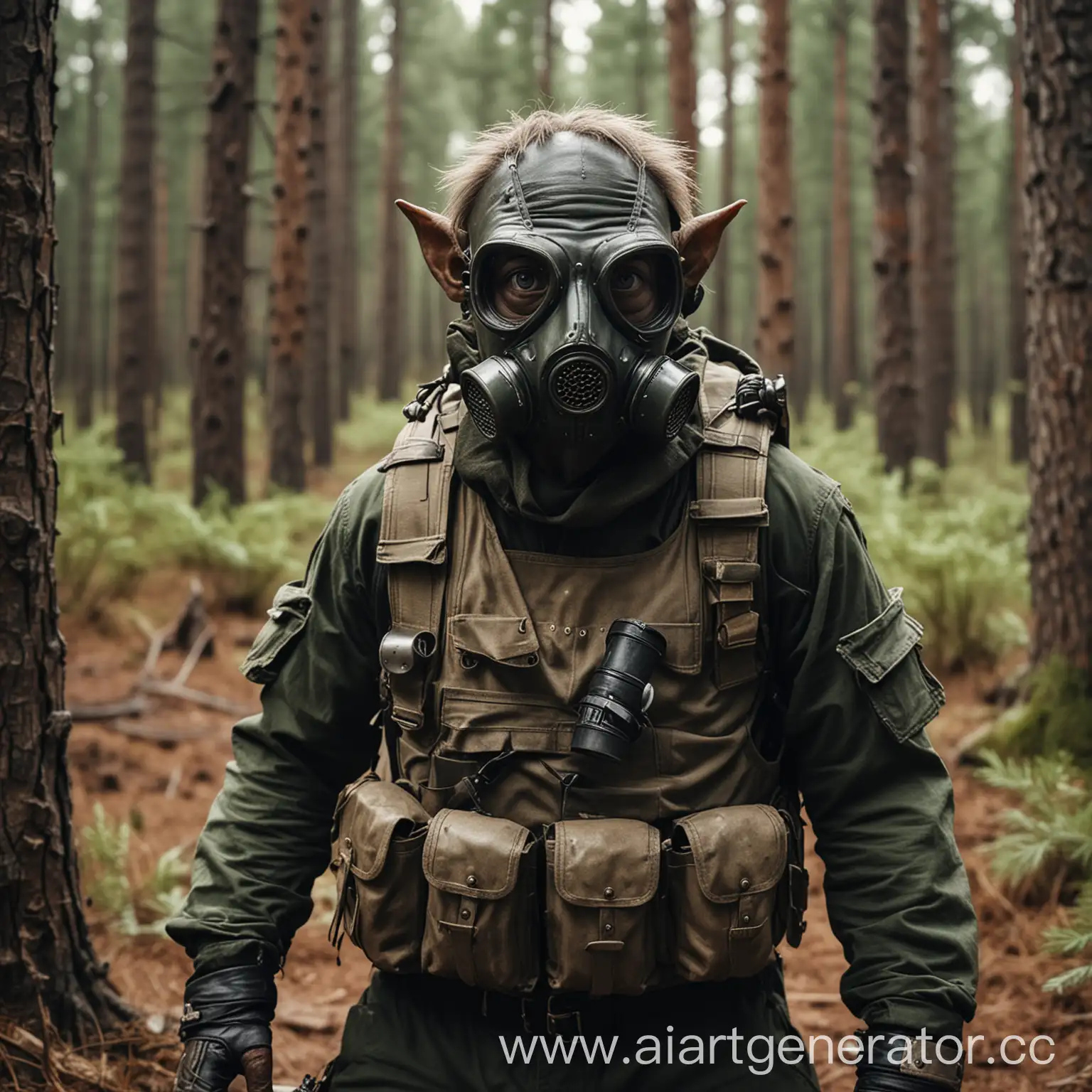 Goblin-Wearing-Gas-Mask-and-Bulletproof-Vest-Amidst-Pine-Forest