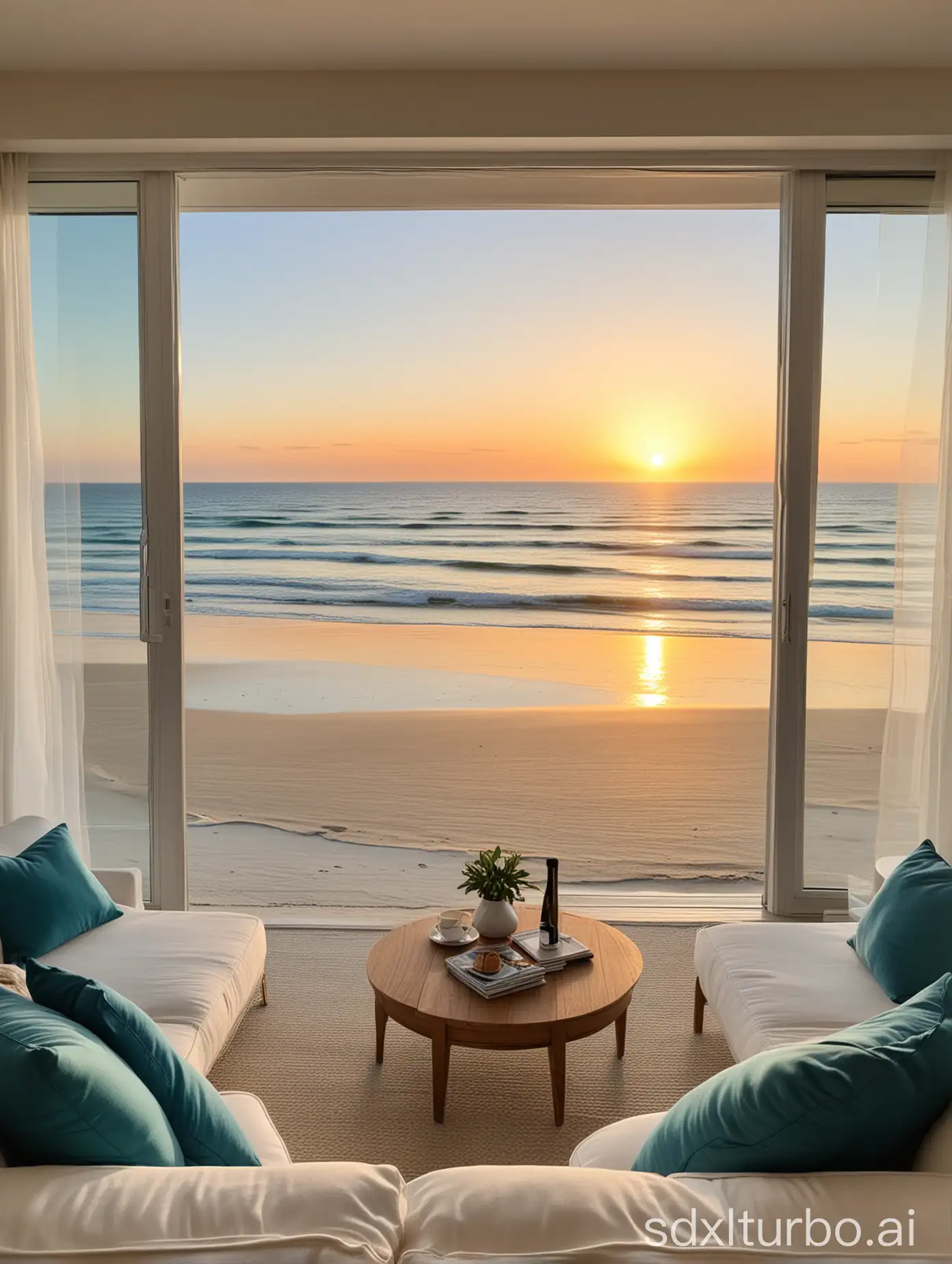 "Enjoy a stunning panoramic view of the beach, where the blue ocean stretches as far as the eye can see. From a top-floor apartment, immerse yourself in the serenity of the sea as you relax in your comfortable living room. Gentle waves gently break on the shore as the golden sun paints the horizon, creating an atmosphere of peace and tranquility."