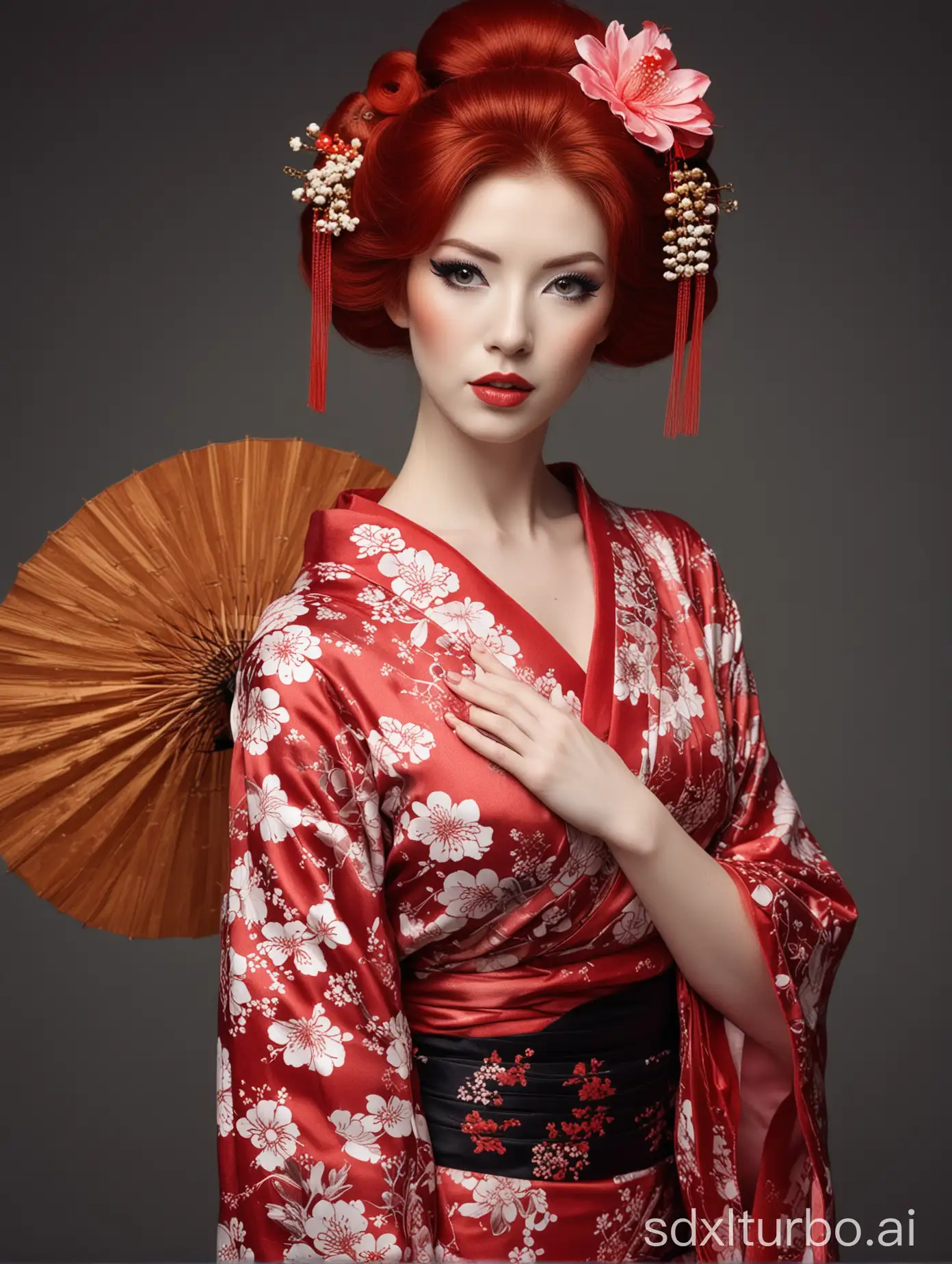redhead sexy woman dressed as geisha