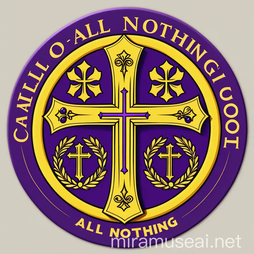 Catholic school crest 
circle 
yellow and purple 
cross
bible 
"all or nothing"
