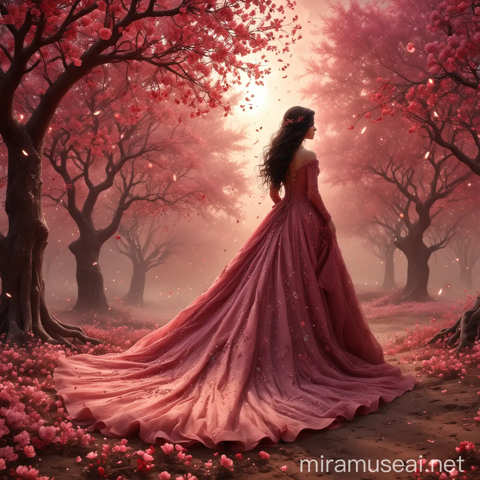 A beautiful woman, with highly detailed dress, from behind, collecting wishes, in the magical sky, surrounded by brown dust. Long black wavy hair, long dark red elegant wedding dress, haute couture. Background a pink floral tree. 8k, digital art, illustration art, fantasy art, fantasy style