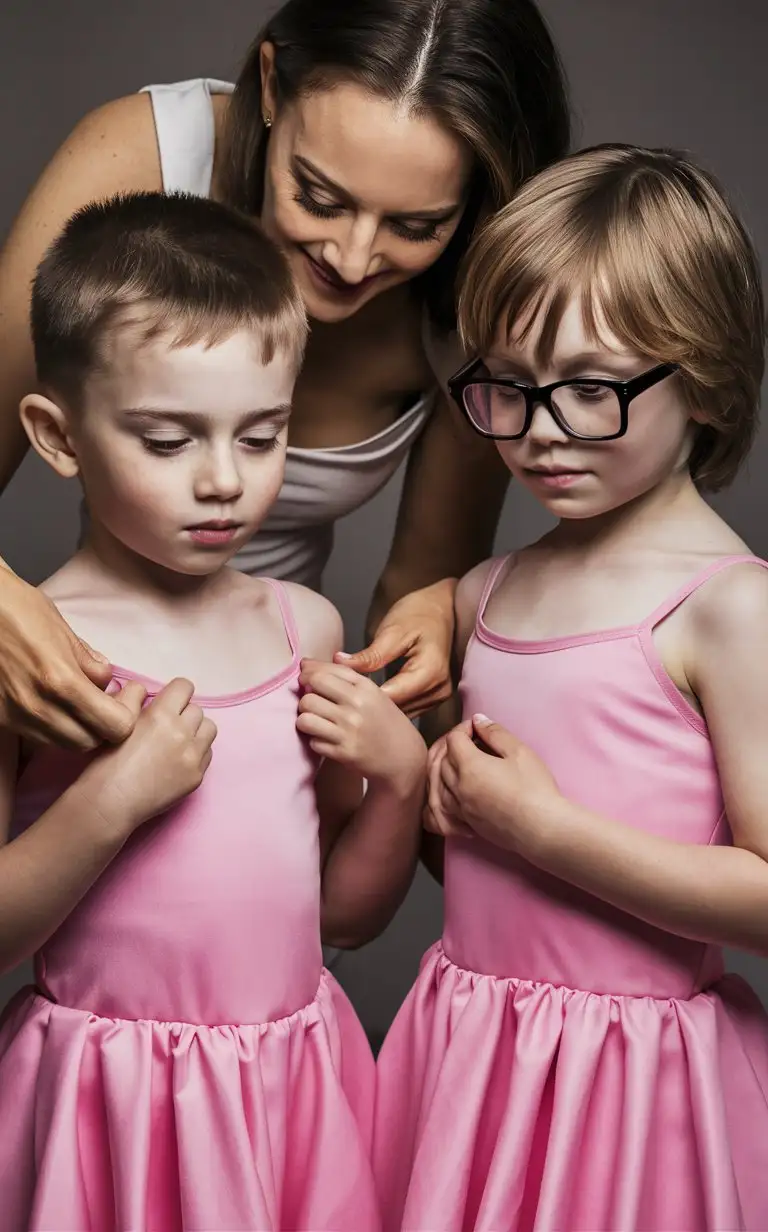 Gender role-reversal, Photograph of a mother dressing her two young sons, a 6-year-old boy with short mousy hair, and a 8-year-old boy with shoulder length blonde hair and square black glasses, up in pink ballerina dresses, the boys are looking down at their attire, adorable, perfect children faces, perfect faces, clear faces, perfect eyes,  perfect noses, smooth skin