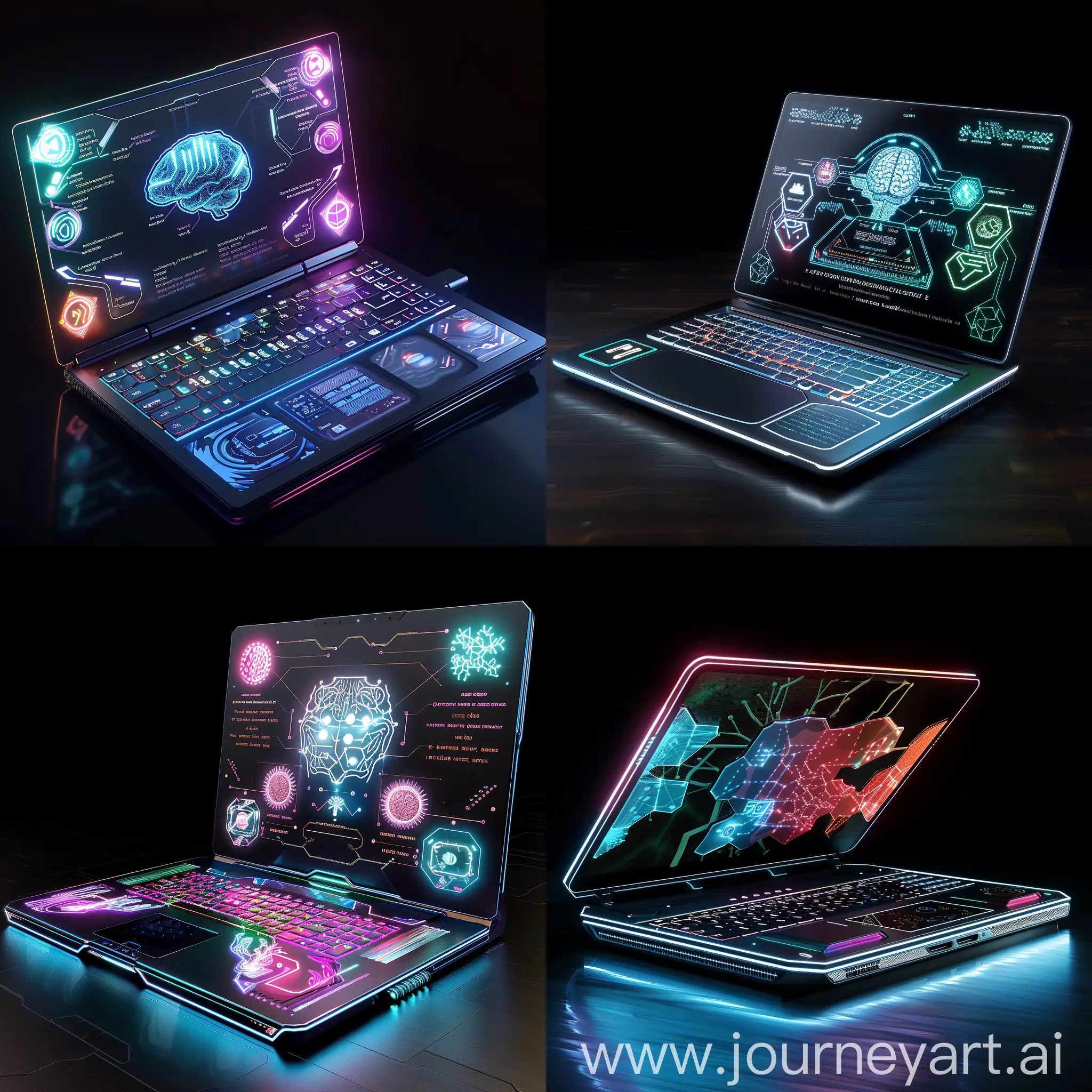 Futuristic laptop, in futuristic style, Quantum Computing Processor, Graphene-based Cooling System, Neural Processing Unit (NPU), Optical Computing Components, Biological Data Storage, 5G/6G Connectivity, Nanotechnology Batteries, 3D Stacked Memory, Flexible OLED Display, Brain-Computer Interface (BCI), Holographic Display, Augmented Reality (AR) Projection, Dynamic E-Ink Keyboard, Biometric Security Sensors, Modular Expansion Ports, Wireless Charging Pad, Electroluminescent Body, Gesture Control Sensors, Environmental Sensors, Self-Healing Materials, Shape Memory Alloys (SMA) for Flexibility, Self-Healing Polymers for Durability, Piezoelectric Energy Harvesting, Thermoelectric Generators for Waste Heat Recovery, Electrochromic Displays, Magnetorheological Fluid Damping, Photochromic Light Filtering, Smart Thermal Conductive Materials, Ionic Conductors for Rapid Charging, Magnetostrictive Actuators for Haptic Feedback, Smart Fabric Exterior, Shape-Memory Alloy Hinges, Self-Repairing Shell, Electrochromic Surface, Thermochromic Touchpad, Piezoelectric Speaker Grilles, Shape-Shifting Ports. Photochromic Bezels, Magnetic Levitation Feet, Hydrochromic Logo, unreal engine 5 --stylize 1000