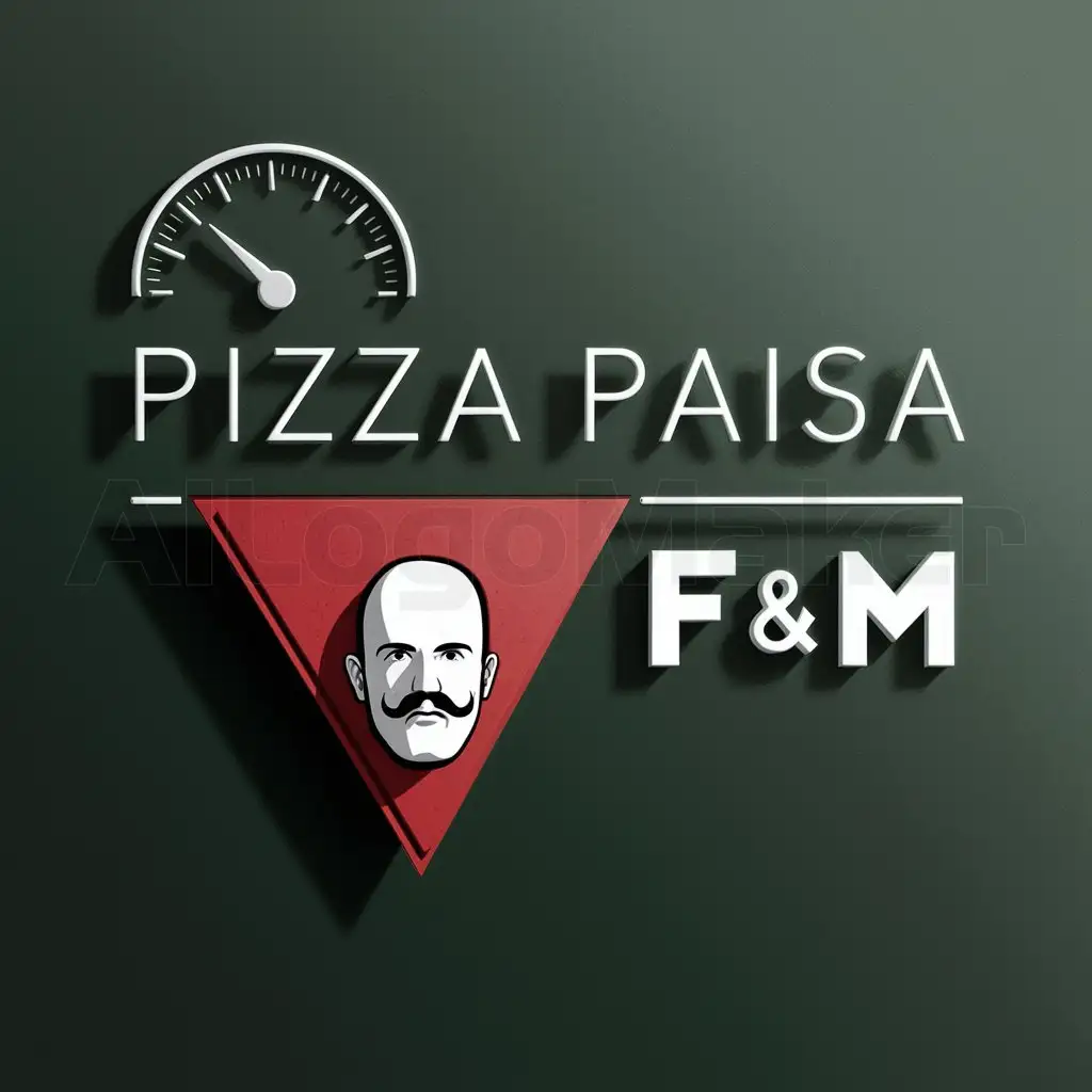 a logo design,with the text "pizzapaisa", main symbol: Sure! I'd be happy to translate the description you provided from Spanish to English. Here's the translation:

"The sign is rectangular and faces forward, featuring a logo. The background color is dark green. In the top left corner, there is a speedometer tilted with the needle pointing to the left. Below the speedometer, there is a red triangle in the shape of a pizza. Inside the triangle, there is an illustration of the head of a bald man with a mustache-style beard. The illustration is simple, with black outlines and a white background for the head. To the right of the illustration, there is the text 'PIZZA PAISA' in large, capitalized letters. The color of the letters is white and has a slight shadow that gives them a three-dimensional effect. Below 'PIZZA PAISA', slightly to the right, there is the text 'F&M' in smaller, all-capitalized white letters with the same shadow effect. The typography of the text is thick and sans-serif, giving it a modern and robust appearance. The use of shadows on the letters gives them a three-dimensional effect.",Minimalistic,be used in Restaurant industry,clear background