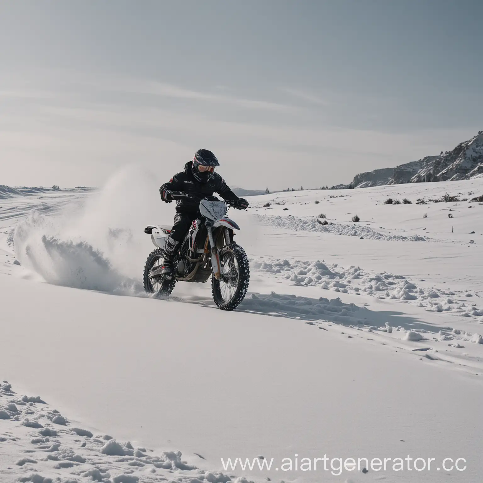 мотоциклист один едет по непроходимому снегу на кроссовом мотоцикле в заносе
