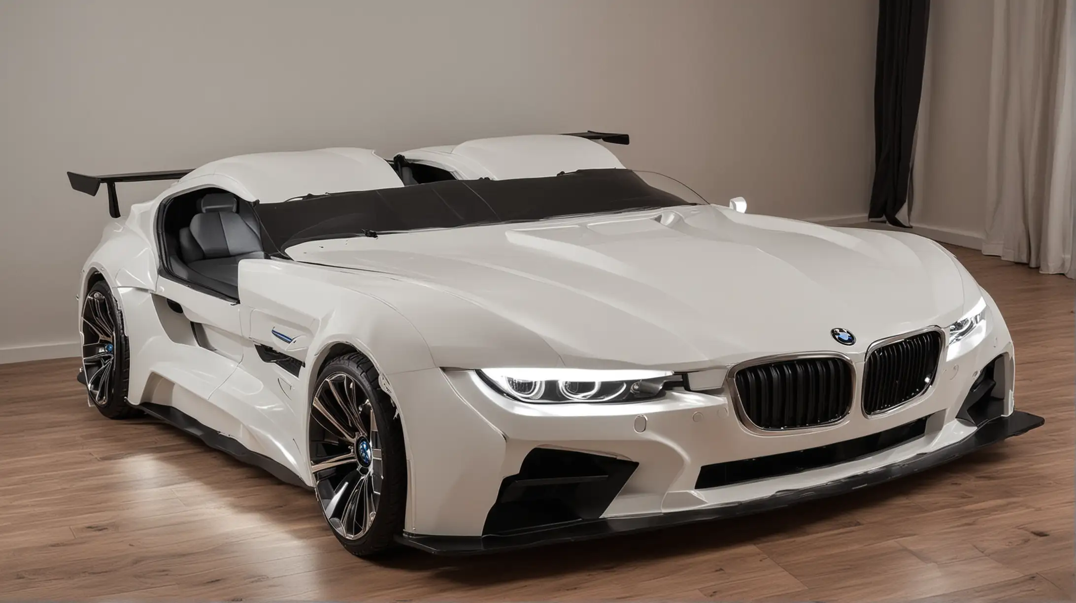 Luxurious Double Bed Shaped Like a BMW Car with Headlights On