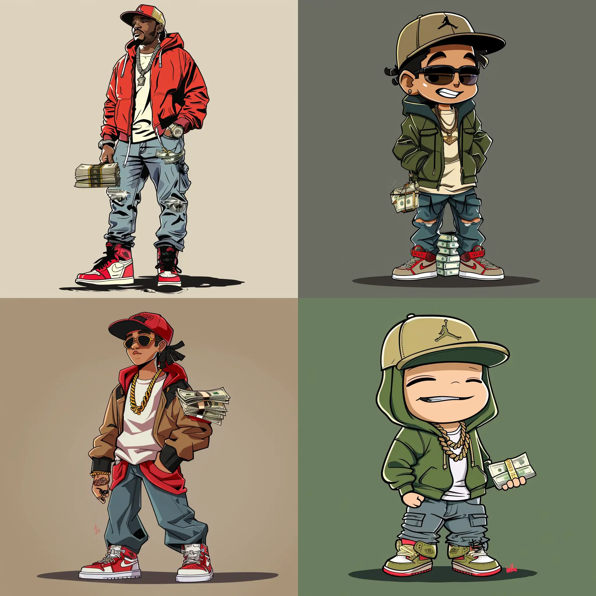 CREATE ME A CARTOON OF ELM ER FUDD WITH A SNAPBACK HAT, HOODIE, JEANS, DESIGNER BELT, CUBAN LINK CHAIN ON, STACK OF MONEY IN HIS HAND AND JORDAN RETRO 6 SHOES

