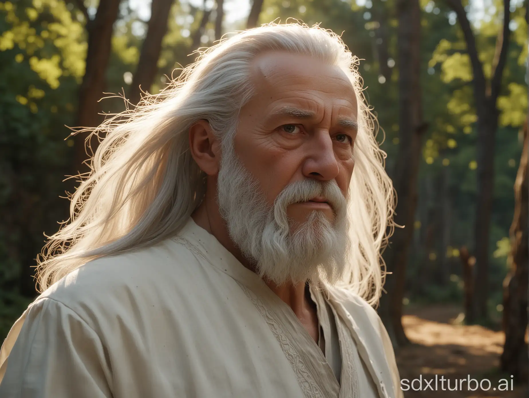 The image shows two elderly individuals, a man and a woman, standing close to each other in what appears to be a natural outdoor setting with trees and greenery. The woman has long gray hair and is looking slightly away from the camera with a gentle expression on her face. She is wearing a light-colored top that suggests a casual or rural attire. The man, who has a full white beard, gazes towards the left side of the frame with a serious expression. He is dressed in a loose-fitting white garment that could indicate biblical clothing. Cinematic lighting, Unreal Engine 5, Cinematic, Color Grading, Editorial Photography, Photography, Photoshoot, Shot on 70mm lense, Depth of Field, DOF, Tilt Blur, Shutter Speed 1/1000, F/22, White Balance, 32k, Super-Resolution, Megapixel, ProPhoto RGB, VR, tall, epic, artgerm, alex ross, Halfrear Lighting, Backlight, Natural Lighting, Incandescent, Optical Fiber, Moody Lighting, Cinematic Lighting, Studio Lighting, Soft Lighting, Volumetric, Contre-Jour, dark Lighting, Accent Lighting, Global Illumination, Screen Space Global Illumination, Ray Tracing Global Illumination, Red Rim light, cool color grading 45%,